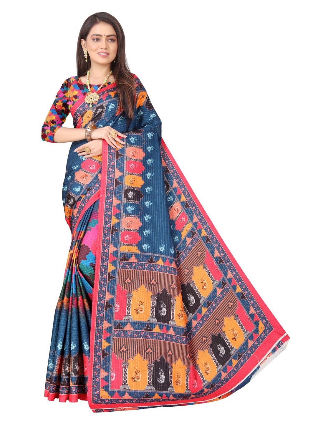 

ROOTS4 CREATION Navy Blue & Orange Floral Silk Blend Saree