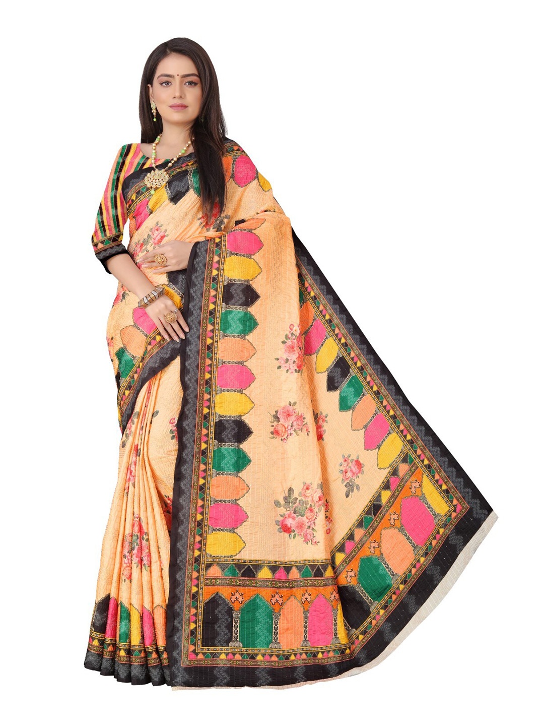 

ROOTS4 CREATION Orange & Pink Floral Silk Blend Saree