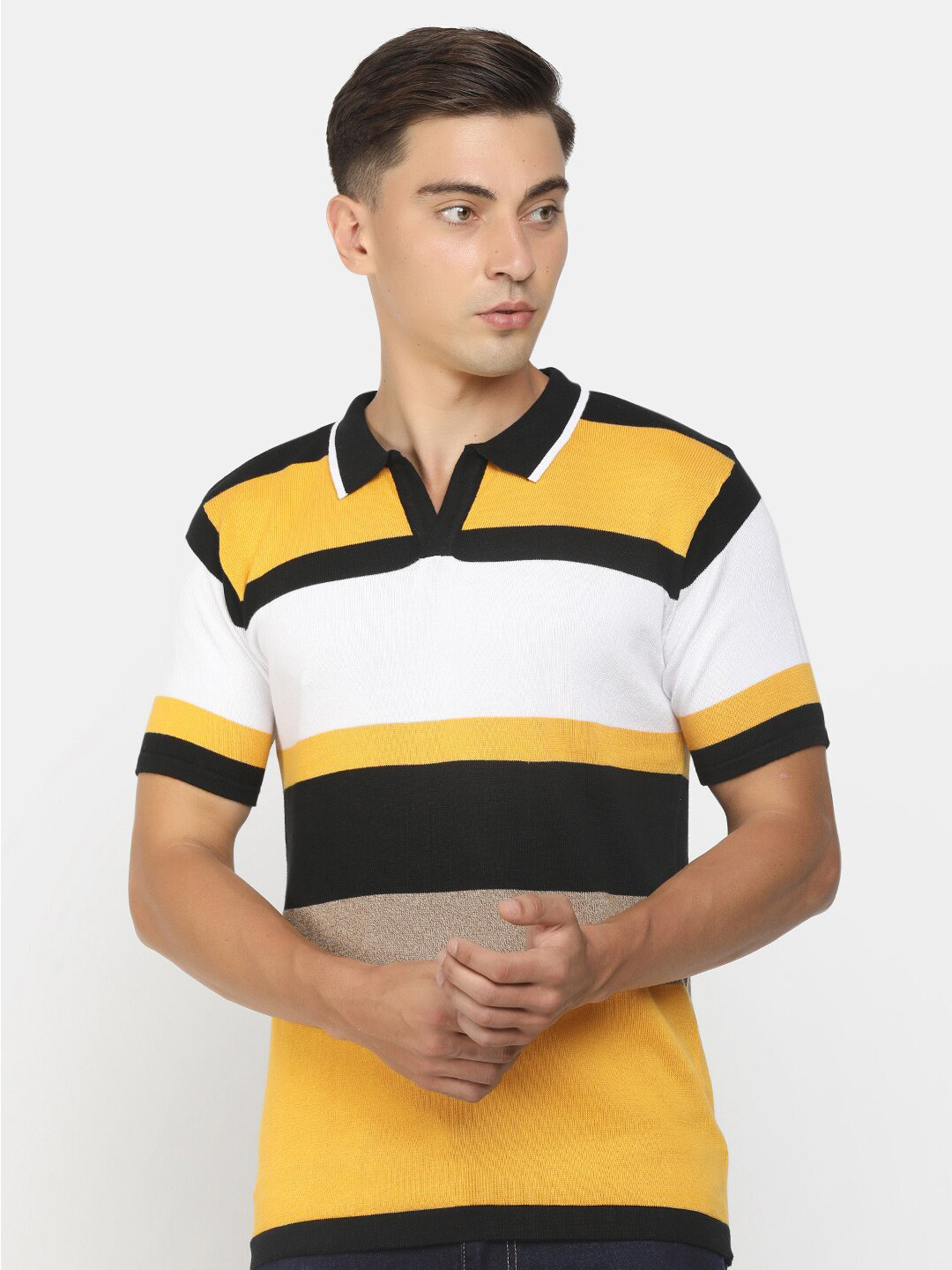 

V-Mart Men Navy Blue Striped Polo Collar Applique T-shirt