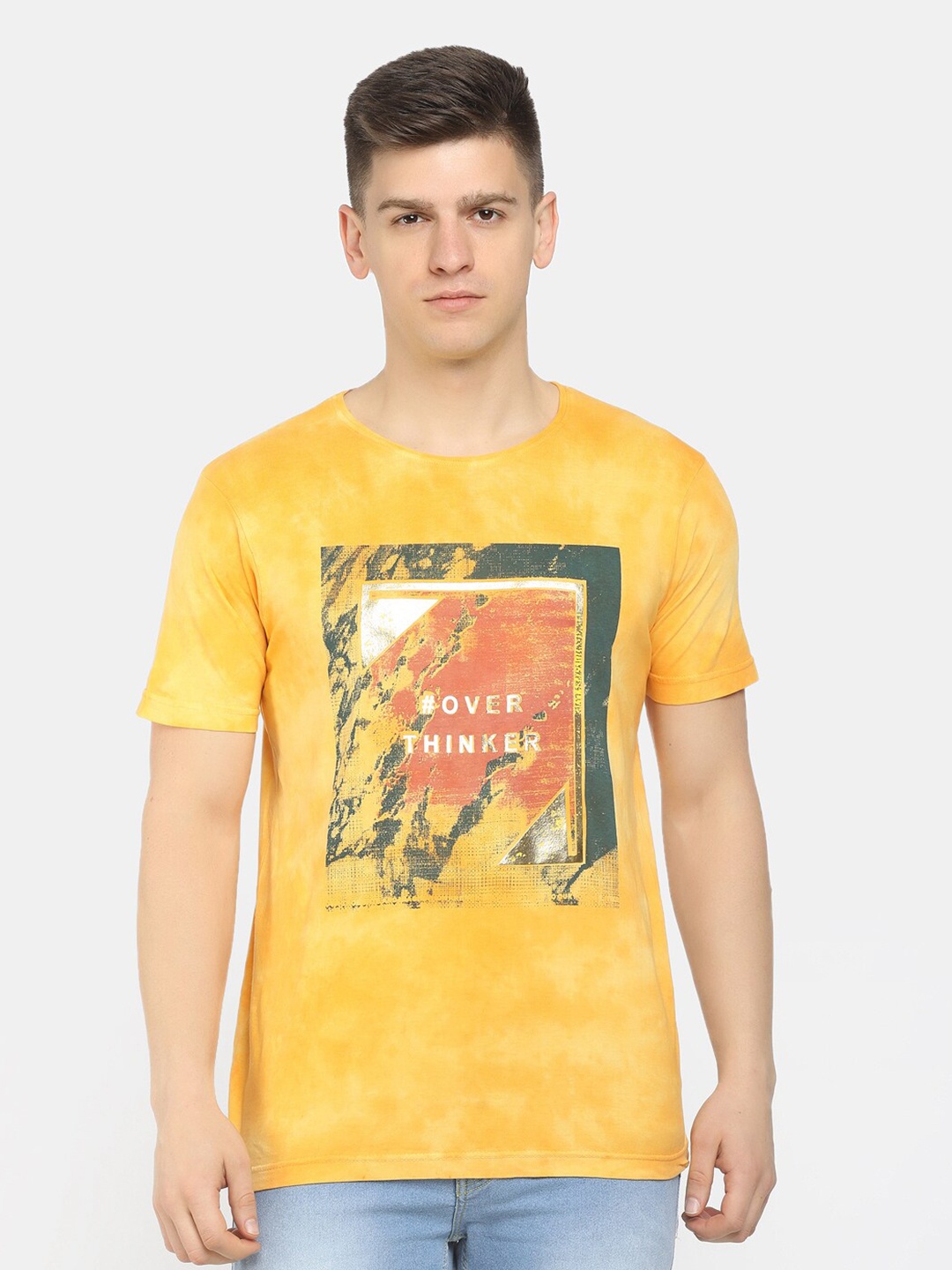 

V-Mart Men Mustard Yellow Typography Printed Applique T-shirt