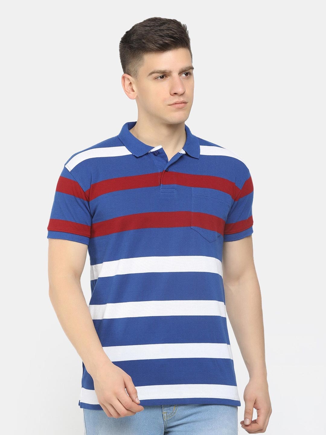 

V-Mart Men Navy Blue Striped Polo Collar Applique T-shirt