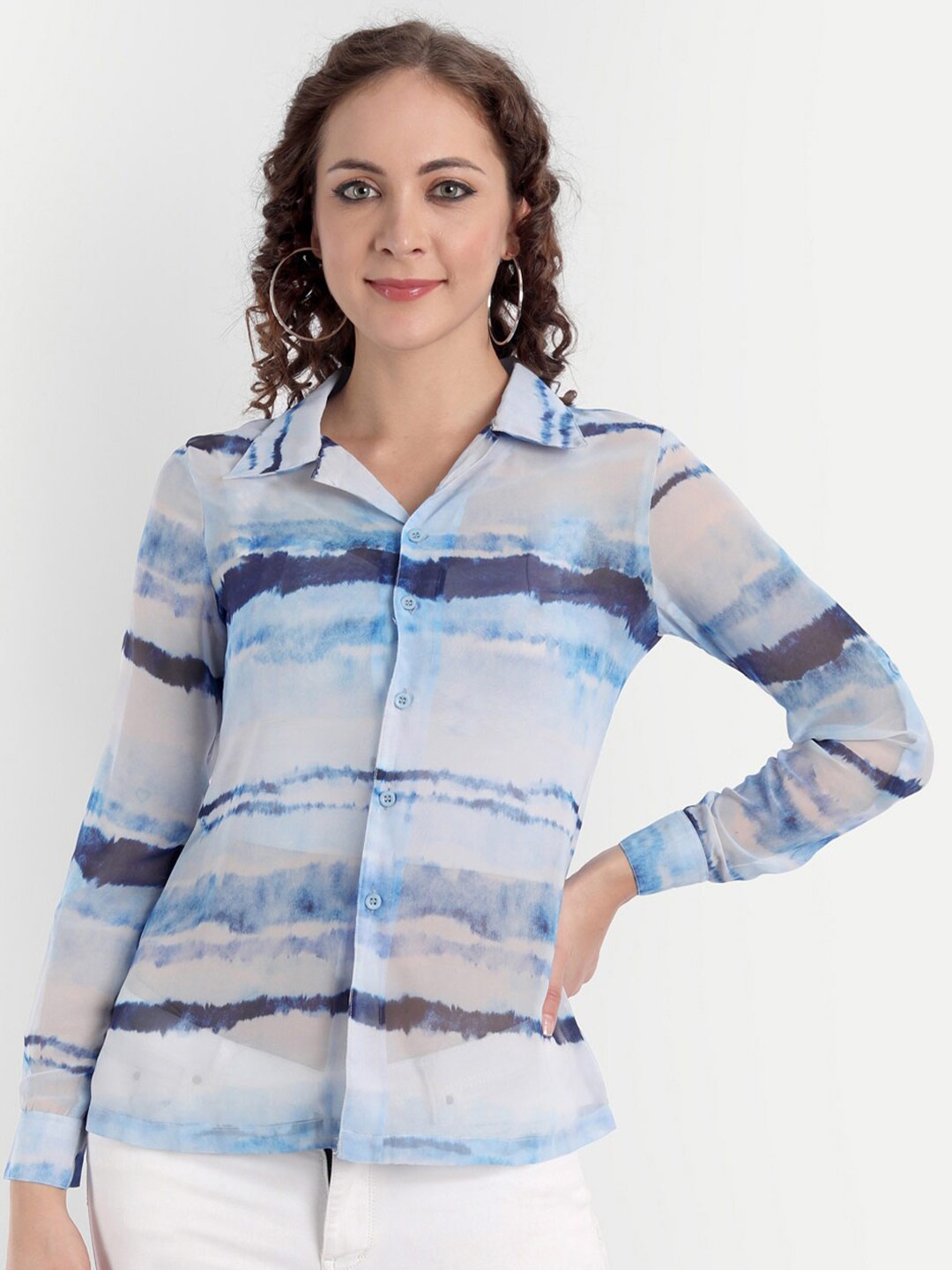 

CHARMGAL Women Blue Classic Horizontal Stripes Semi Sheer Casual Shirt