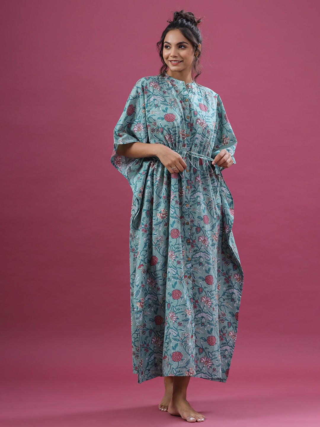 

JISORA Sea Green Printed Maxi Nightdress