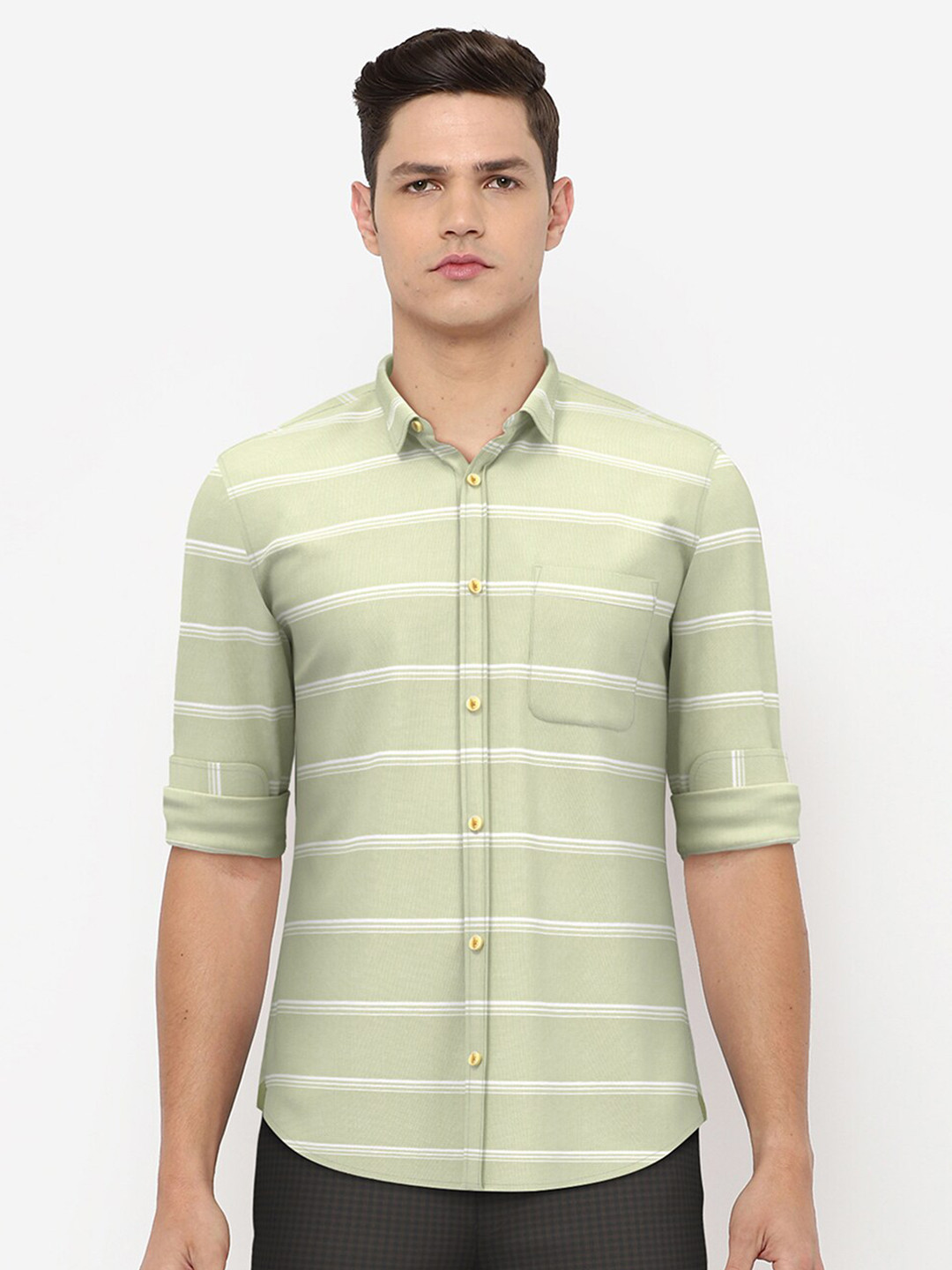 

Peter England Casuals Men Green Slim Fit Horizontal Stripes Striped Casual Shirt