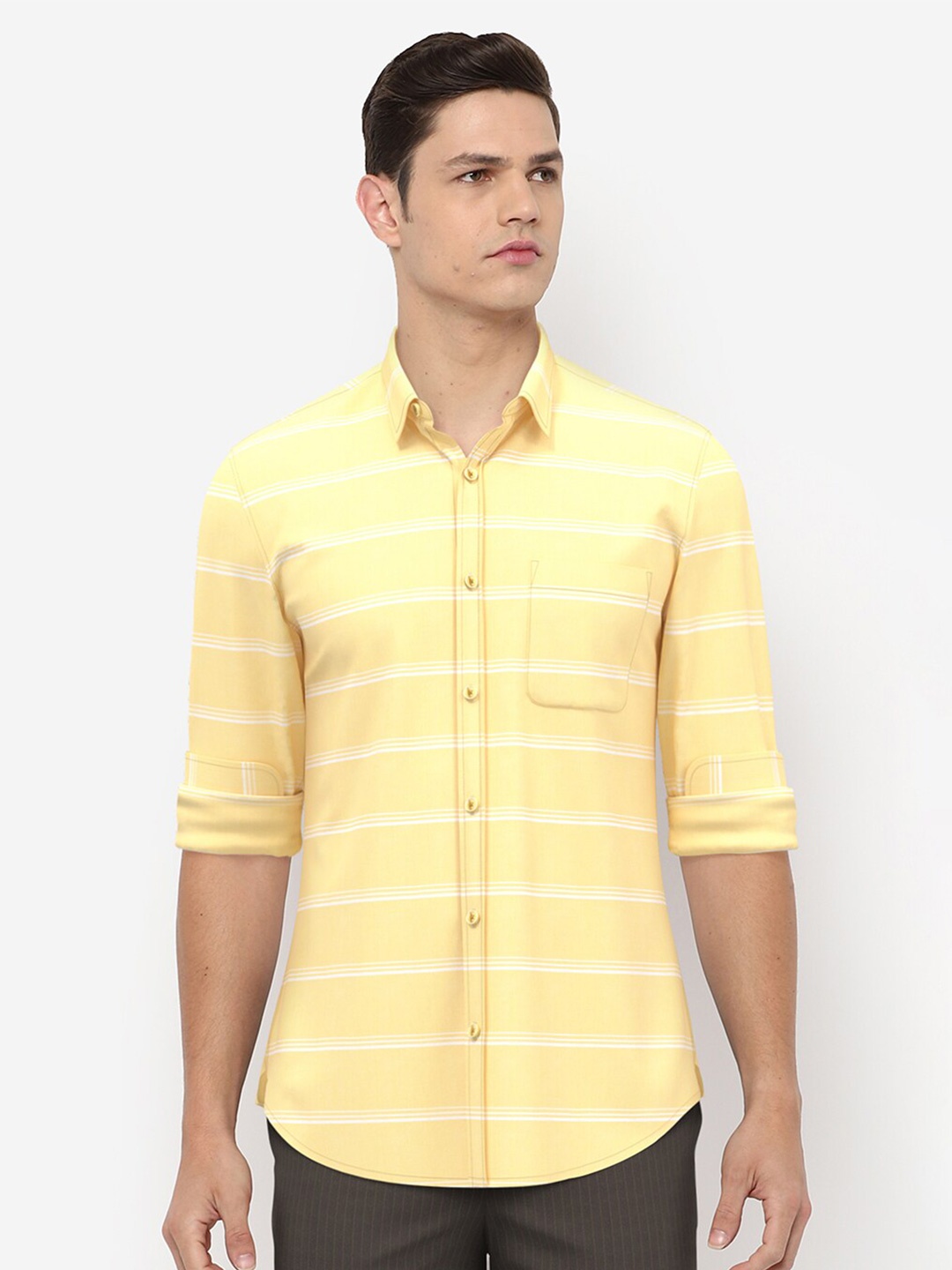 

Peter England Casuals Men Yellow Slim Fit Horizontal Stripes Striped Casual Shirt