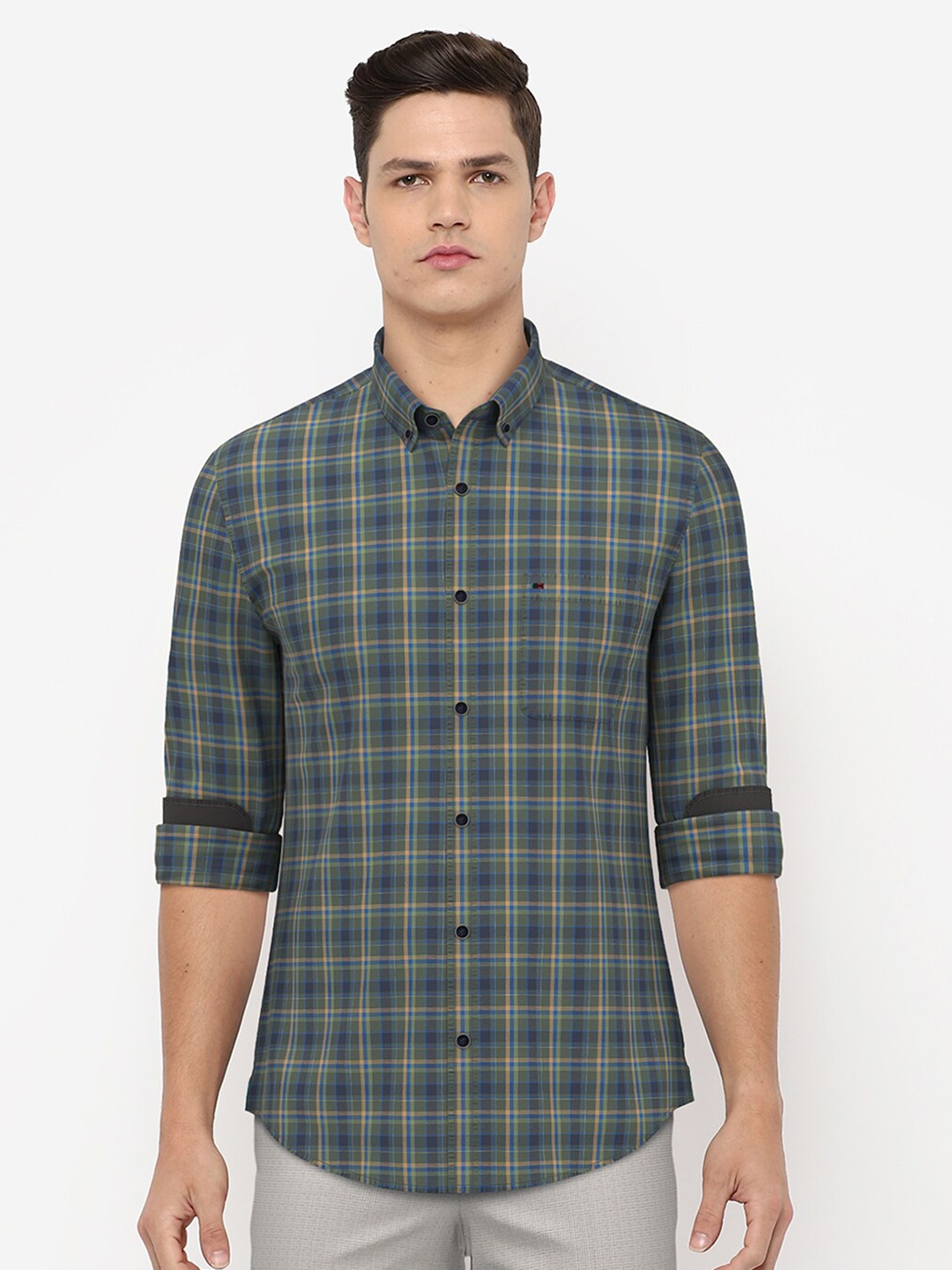 

Peter England Casuals Men Green Slim Fit Tartan Checks Checked Casual Shirt