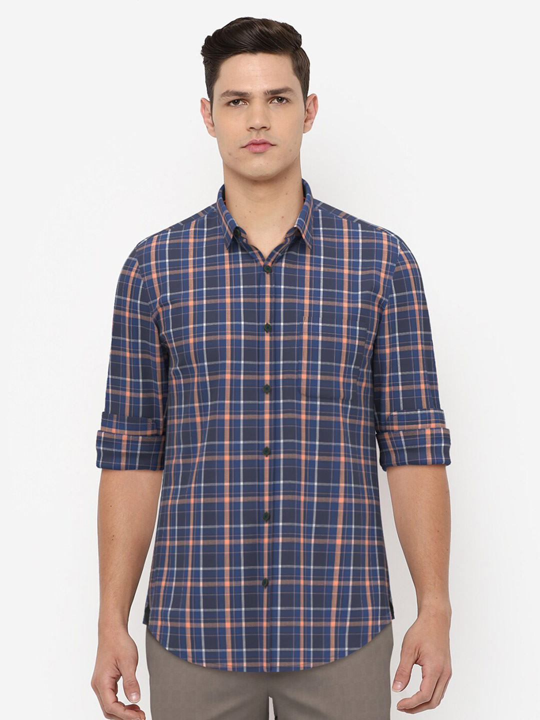 

Peter England Casuals Men Navy Blue Slim Fit Tartan Checks Checked Casual Shirt