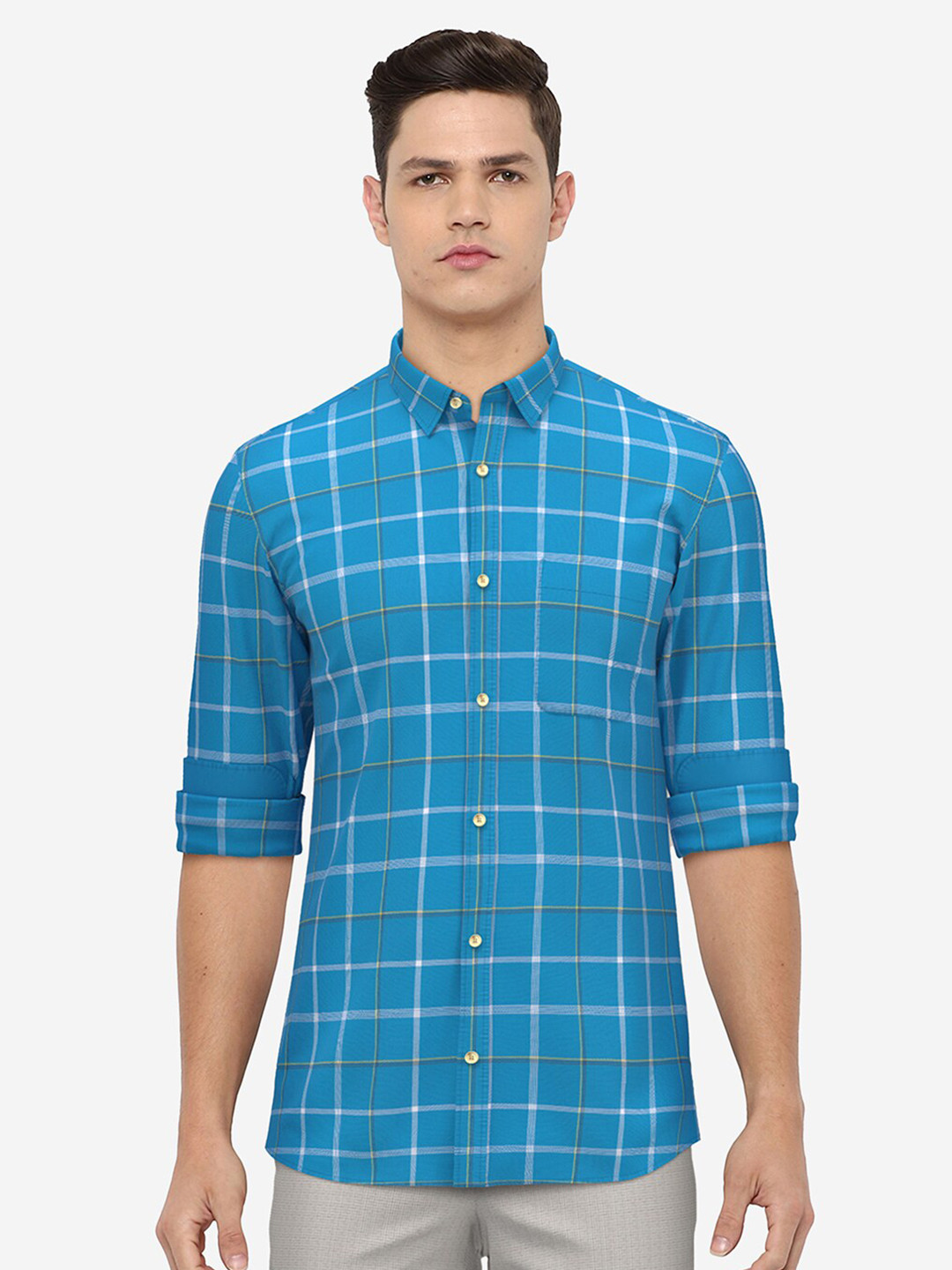

Peter England Casuals Men Blue Slim Fit Windowpane Checks Checked Casual Shirt
