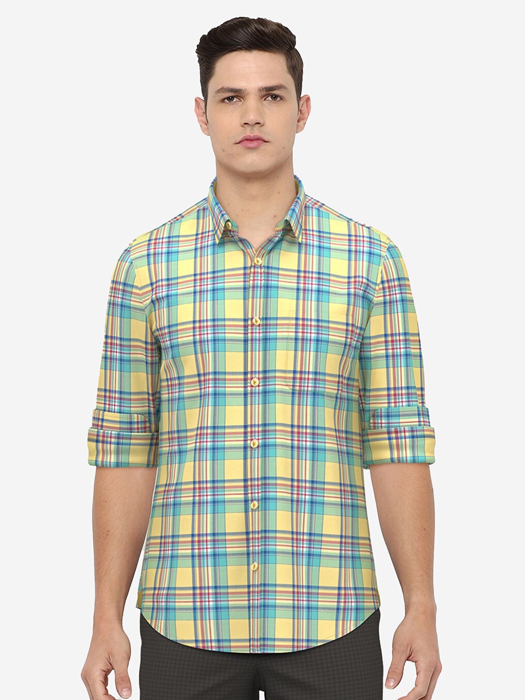 

Peter England Casuals Men Yellow Slim Fit Tartan Checks Checked Casual Shirt