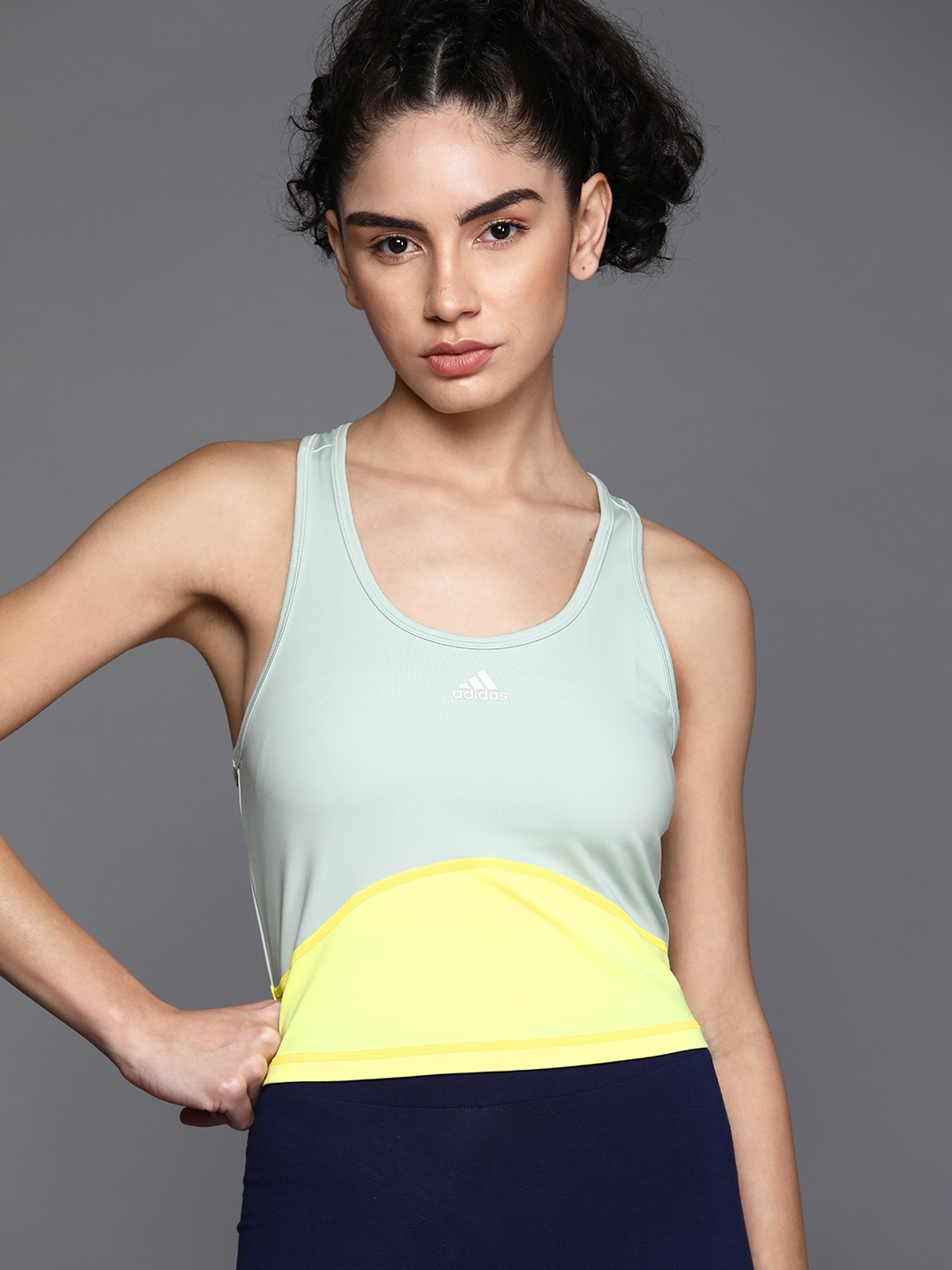 

ADIDAS Green & Yellow TRN HIIT Cropped Colourblocked Tank Top