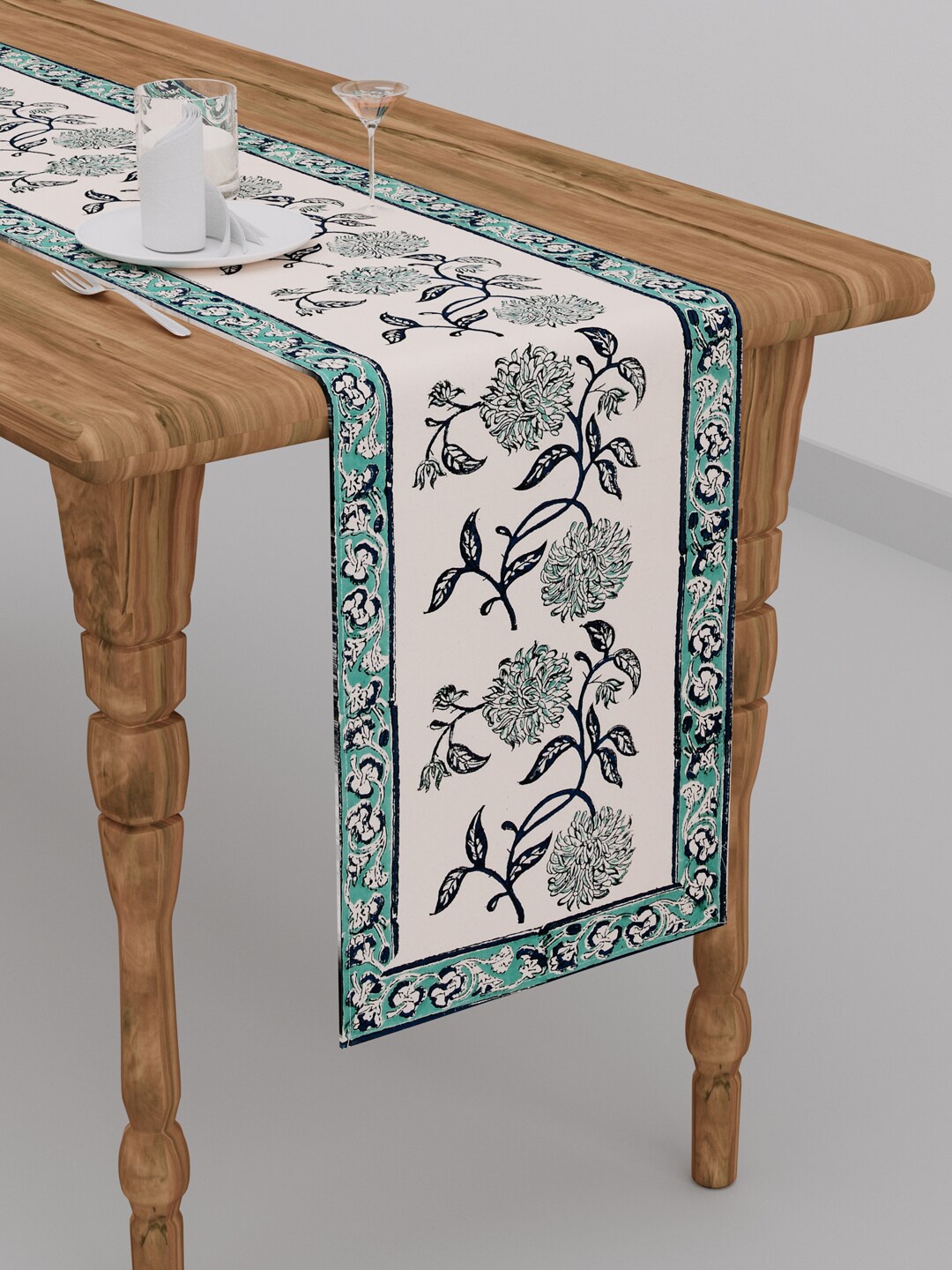 

Clasiko Unisex Beige & Blue Block Printed Pure Cotton Table Runner