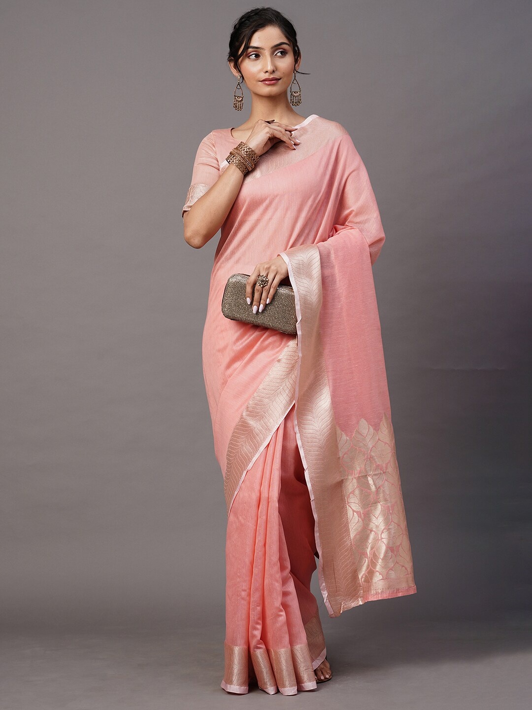 

Mitera Pink & Gold-Toned Woven Design Zari Linen Blend Taant Saree