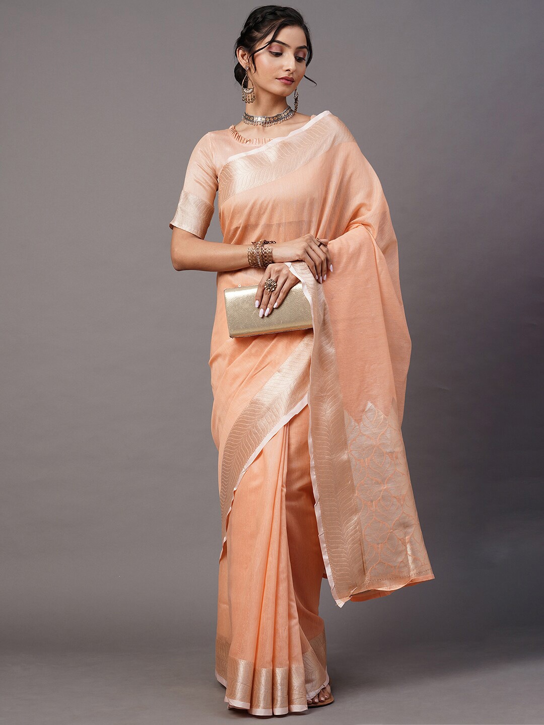 

Mitera Peach-Coloured & Gold-Toned Linen Blend Banarasi Saree