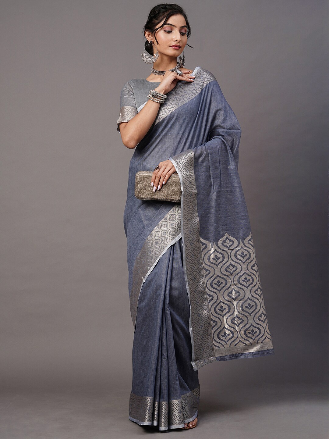 

Mitera Blue & Silver-Toned Woven Design Zari Linen Blend Taant Saree