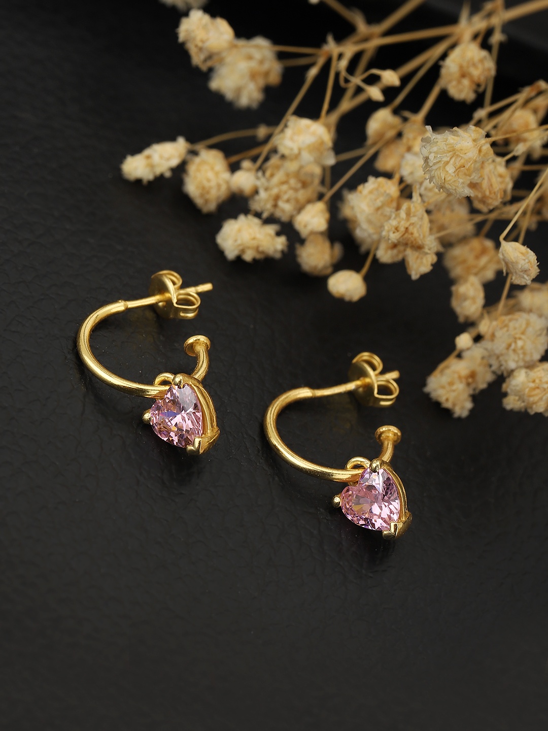 

Carlton London Gold-Toned & Pink Contemporary Half Hoop Earrings