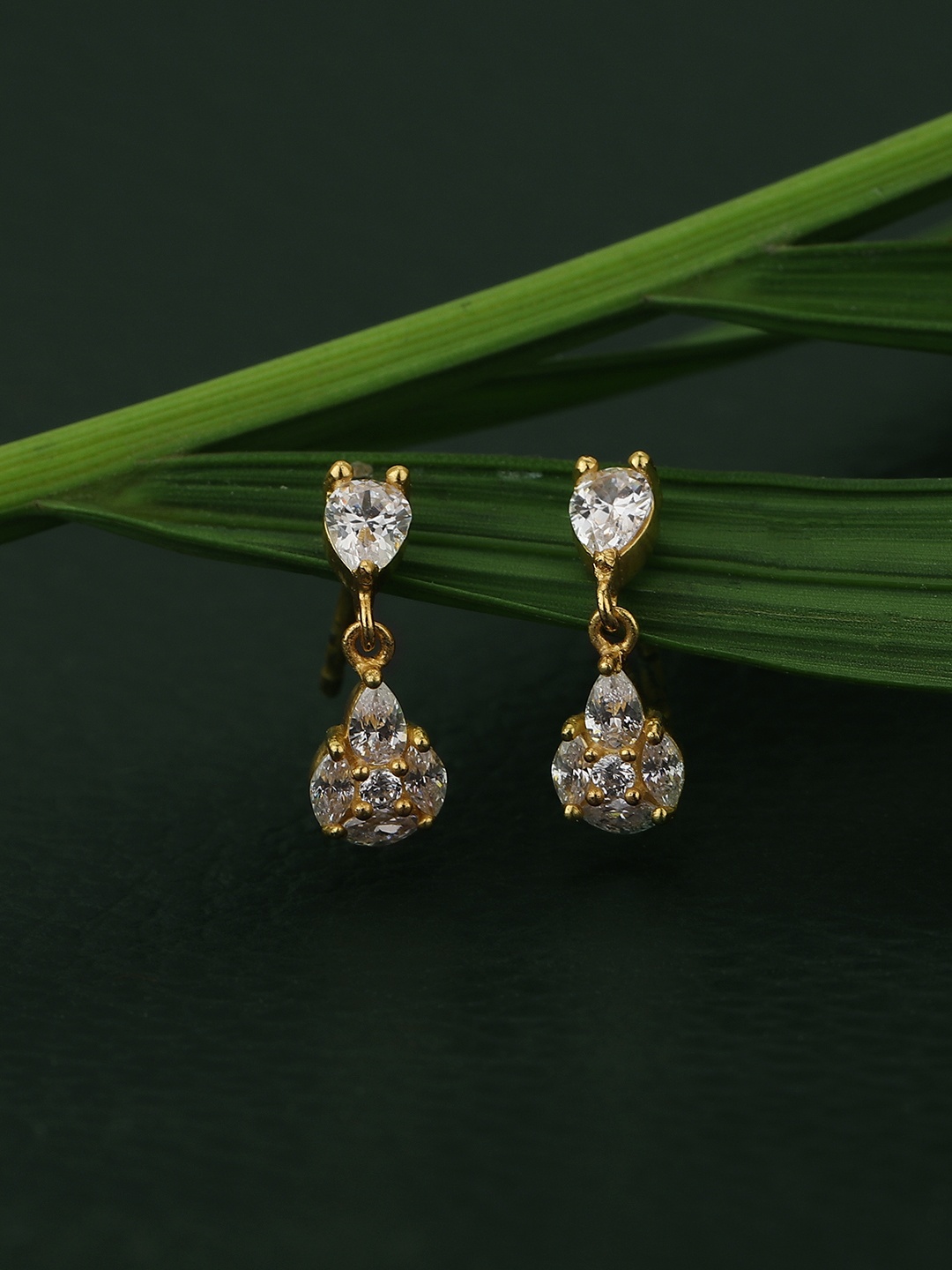 

Carlton London Gold-Toned Cubic Zirconia Studded Teardrop Shaped Drop Earrings