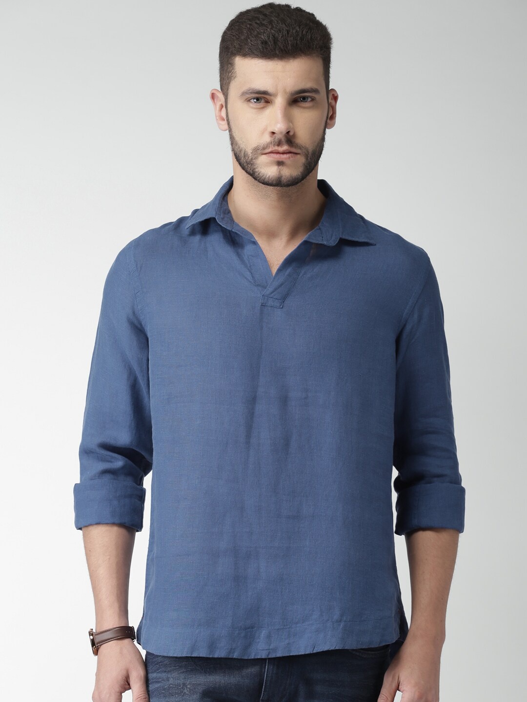 

Celio Men Blue Solid Pure Linen Short Sustainable Kurta
