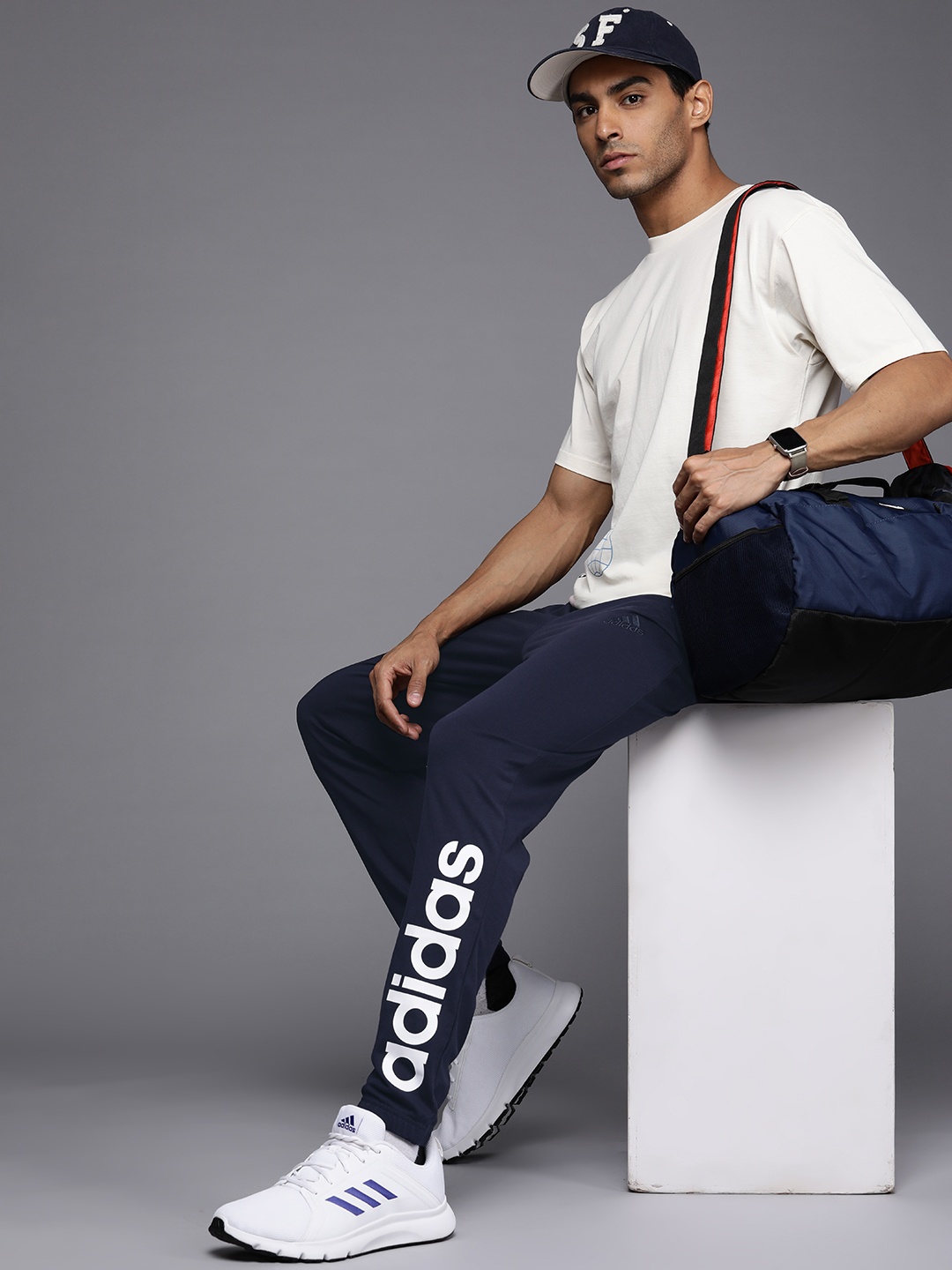 

ADIDAS Navy Blue & White Brand Logo Print Track Pants