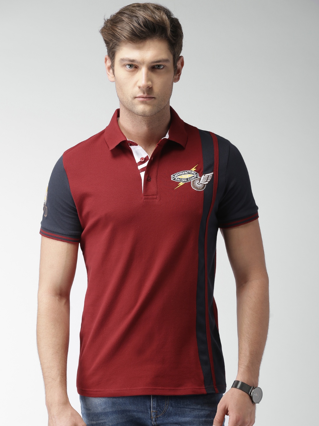 

Celio Men Maroon Colourblocked Polo T-shirt