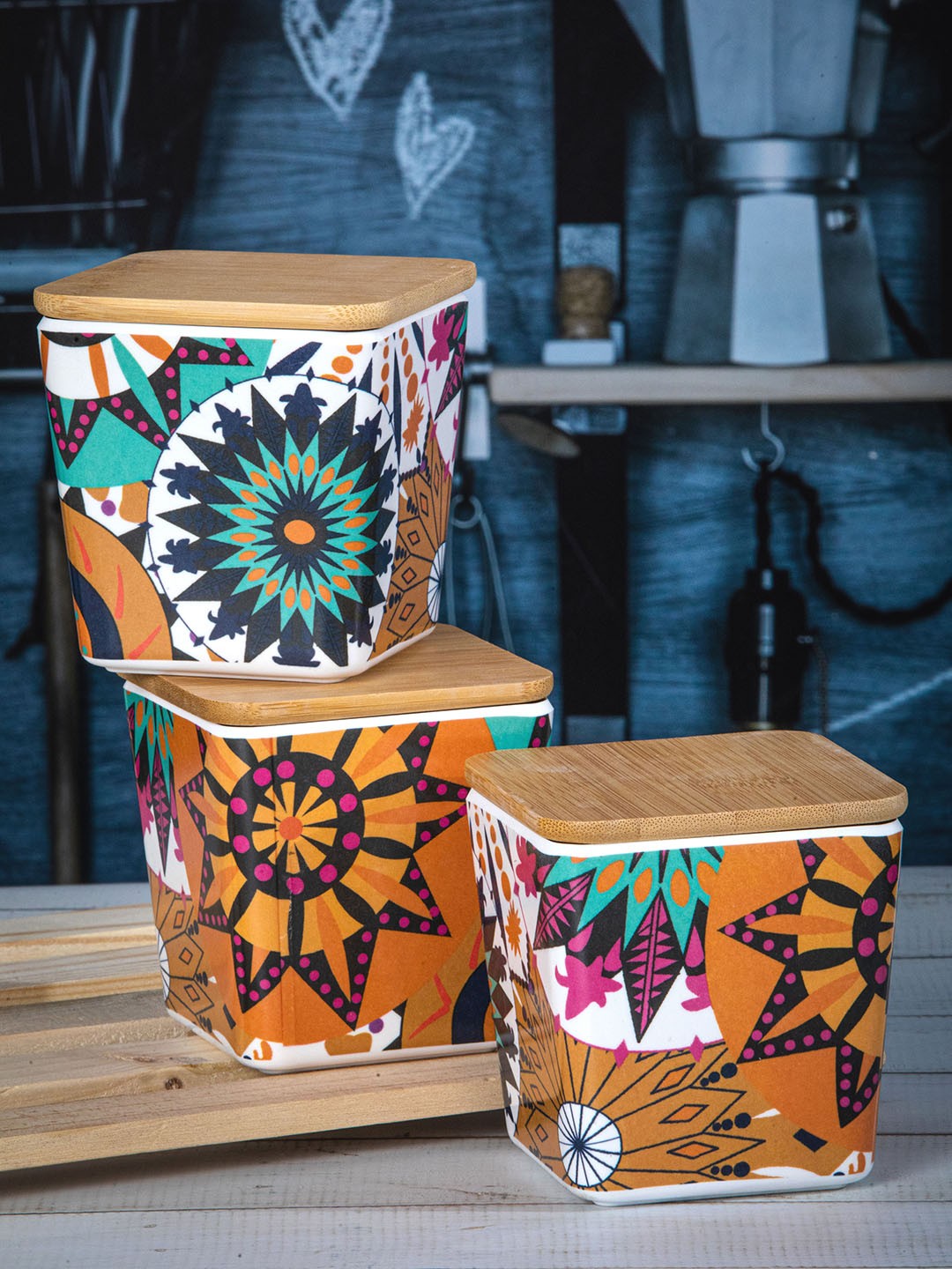 

Stehlen Set Of 3 Orange & White Printed Melamine Storage Canister With Airtight Wooden Lid, Multi