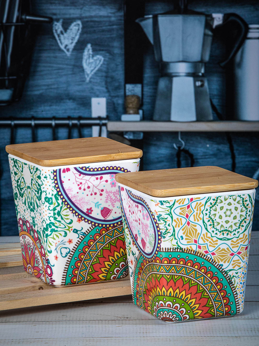 

Stehlen Set Of 3 White & Red Printed Melamine Storage Canister With Airtight Wooden Lid, Multi