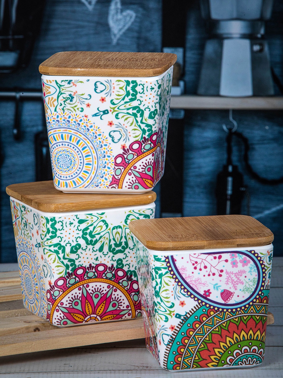 

Stehlen Set Of 3 Printed Storage Canister With Airtight Wooden Lid, White