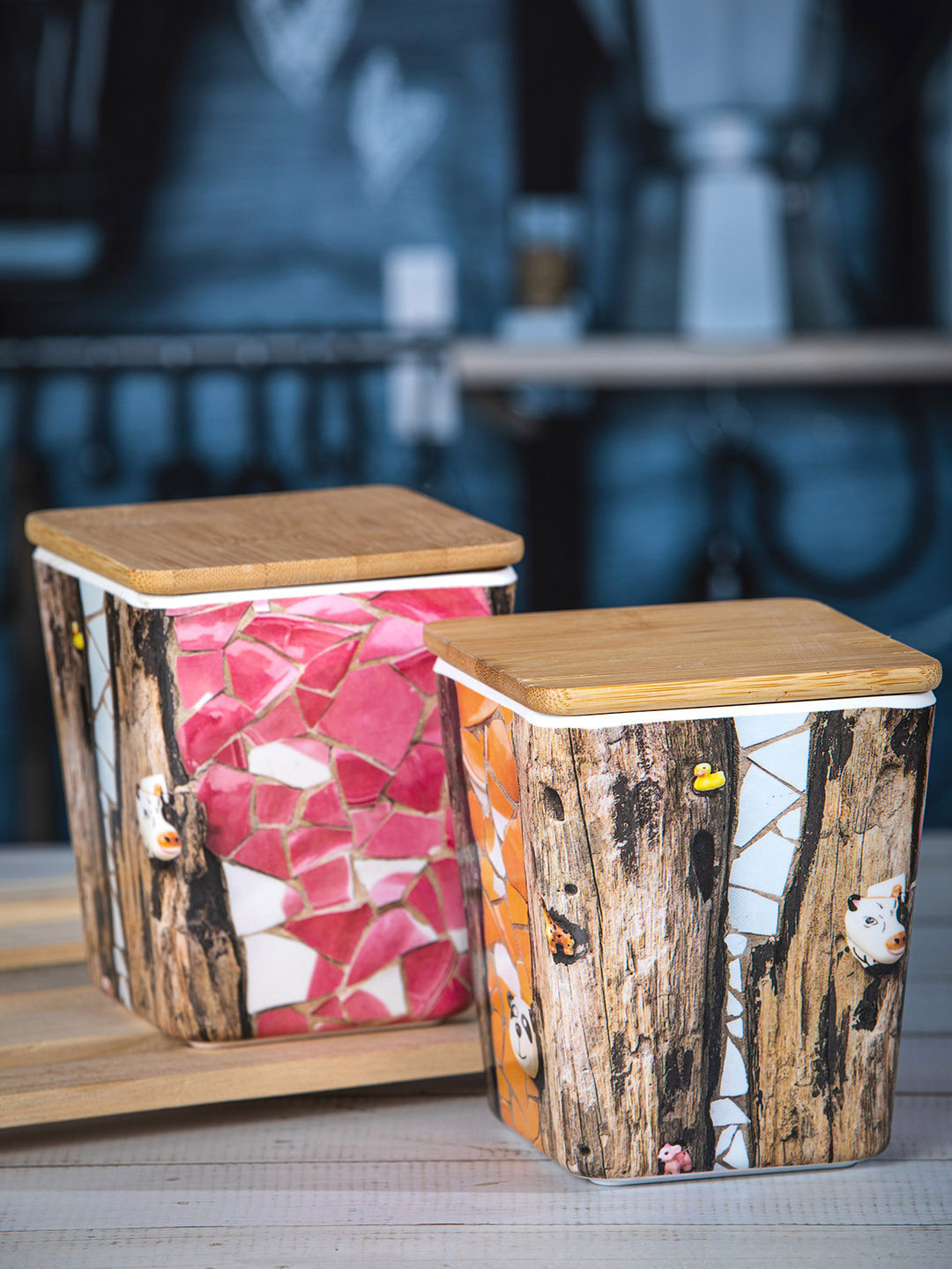 

Stehlen Set Of 2 Brown & Pink Melamine Storage Canister with Airtight Wooden Lid, Multi