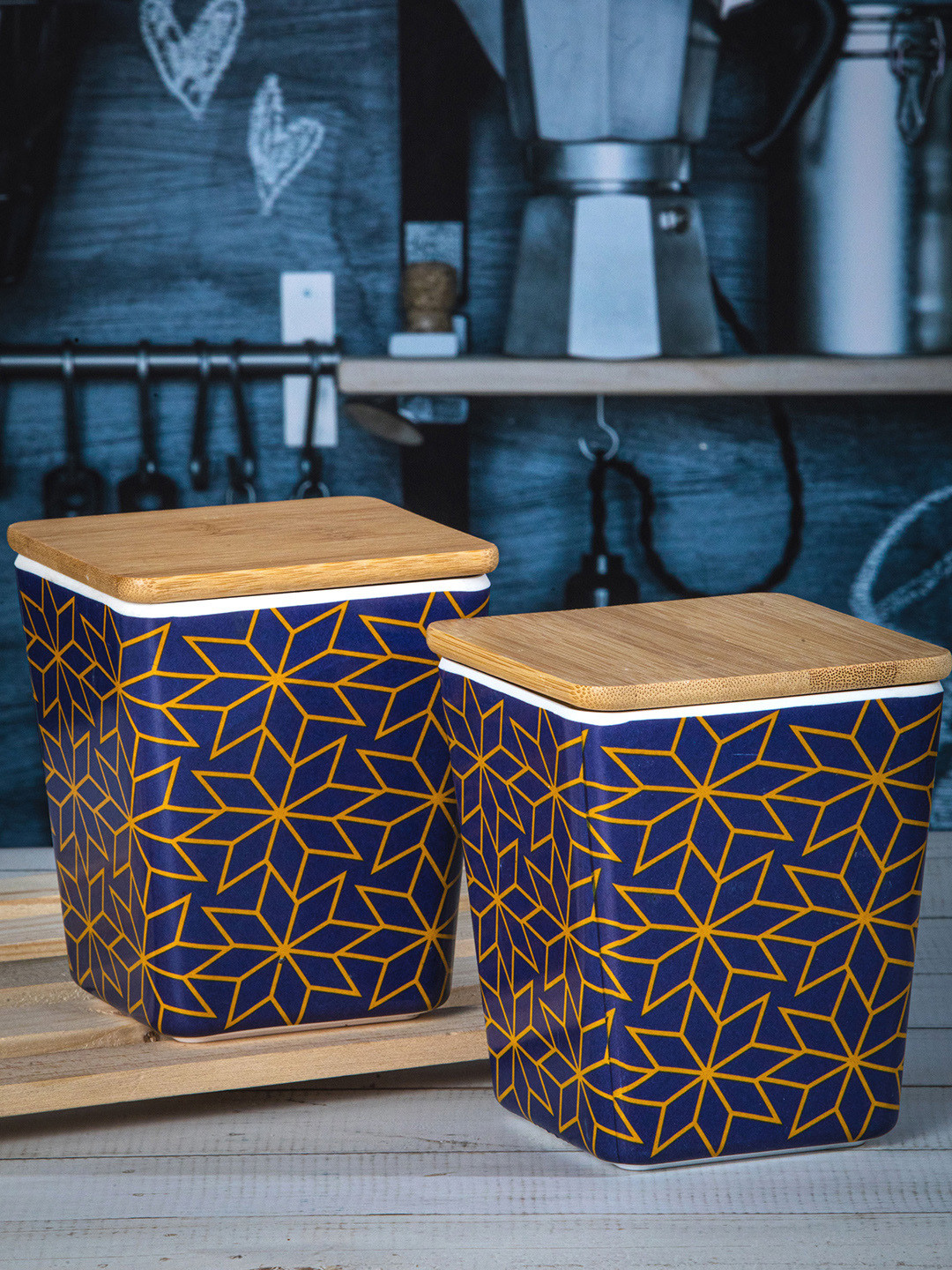 

Stehlen Set of 2 Blue & Mustard Printed Melamine Storage Canister With Airtight Wooden Lid