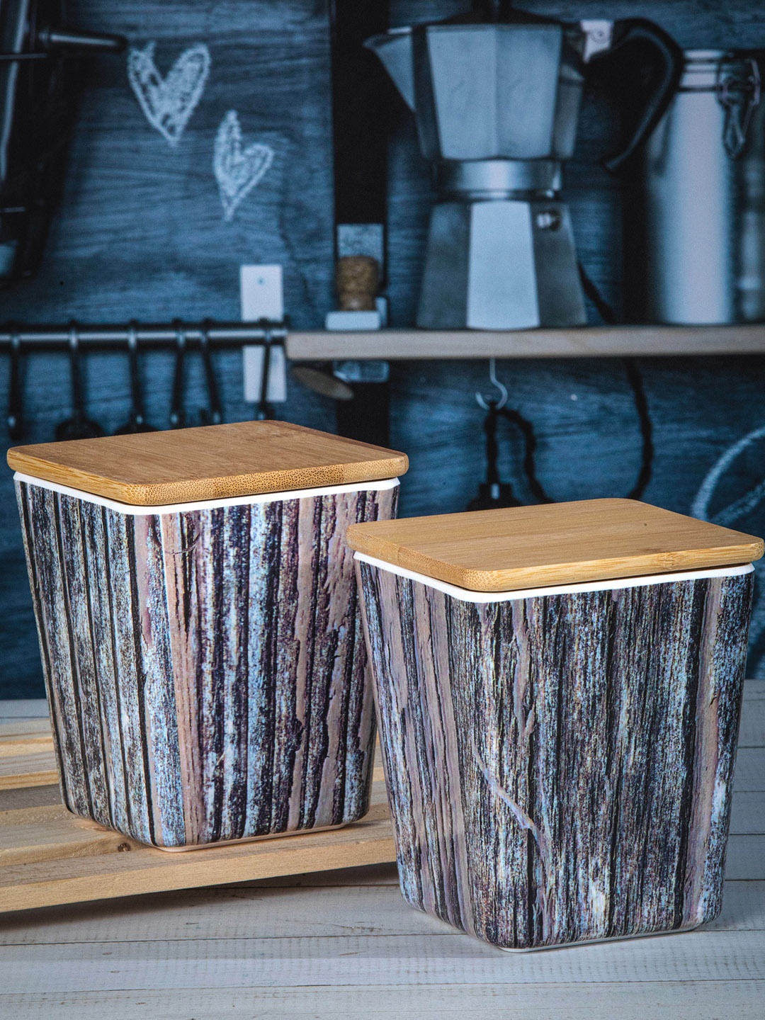 

Stehlen Set Of 2 Blue & Beige Printed Storage Canister With Wooden Lid