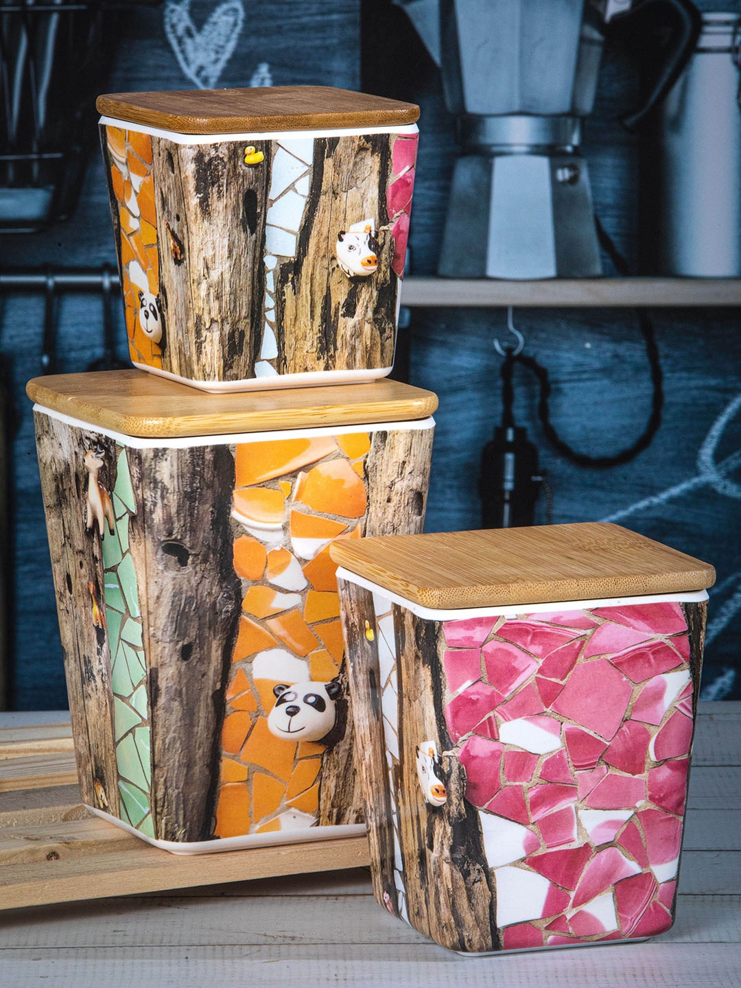 

Stehlen Set Of 3 Printed Melamine Storage Canister With Airtight Wooden Lid, Yellow