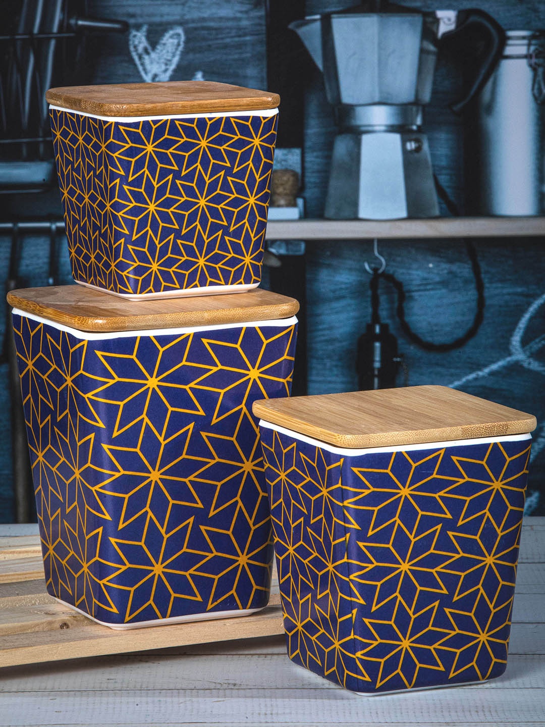 

Stehlen Set Of 3 Printed Storage Canister With Airtight Wooden Lid, Blue