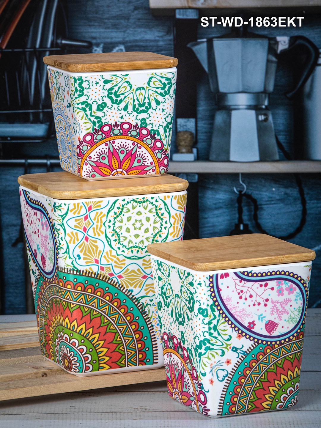 

Stehlen Set Of 3 White Printed Melamine Storage Canister With Airtight Wooden Lid