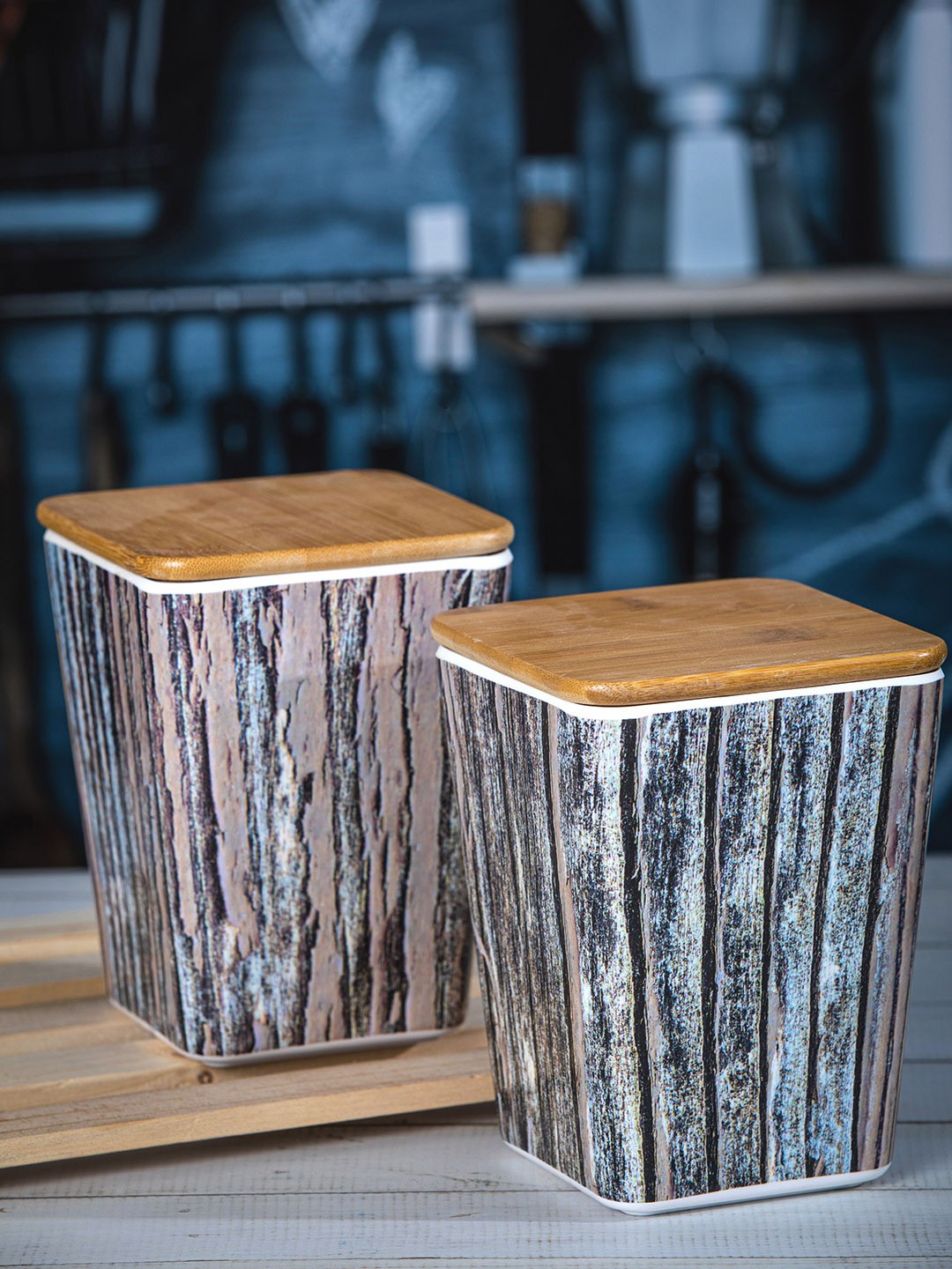 

Stehlen Set Of 2 Printed Storage Canister With Airtight Wooden Lid, Blue