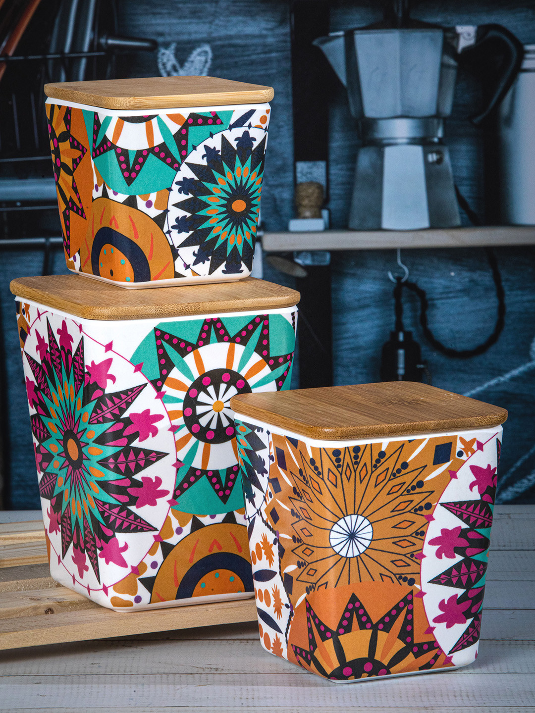 

Stehlen Set Of 3 Brown & Pink Melamine Storage Canister with Airtight Wooden Lid
