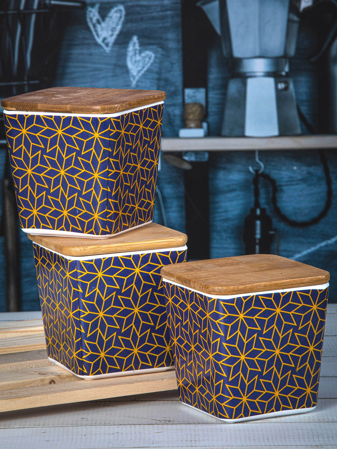 

Stehlen Brown & Navy Blue Printed Melamine Canister With Lid