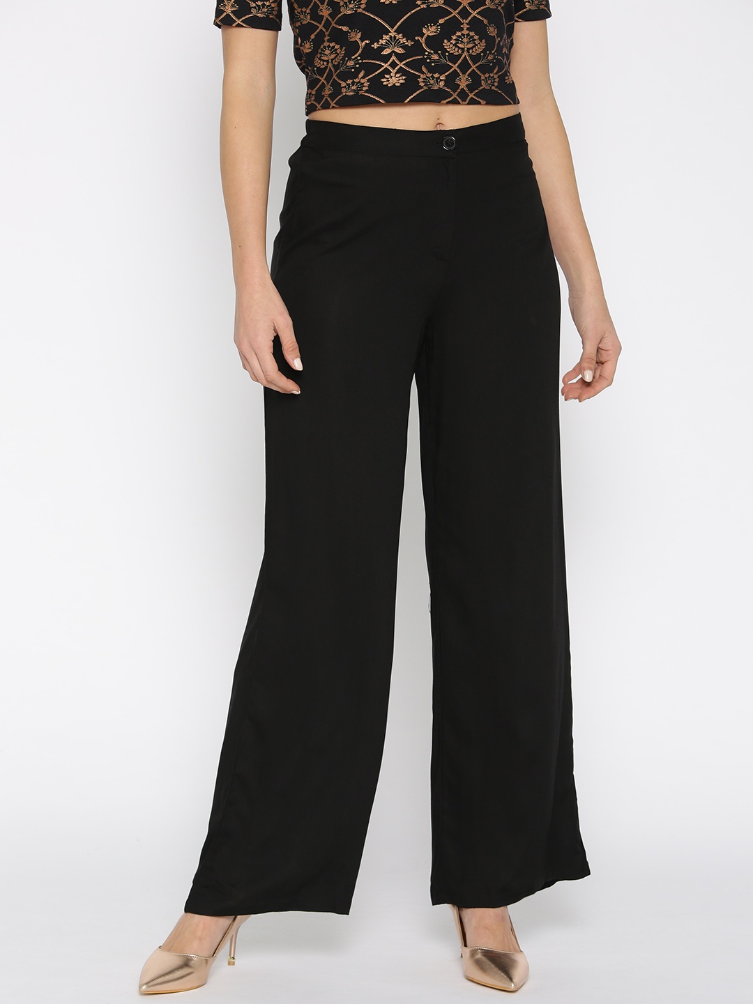 

Global Desi Women Black Regular Fit Solid Parallel Trousers