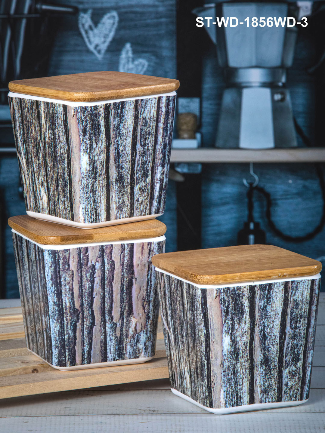 

Stehlen Set Of 3 Blue & Beige Printed Storage Canister With Wooden Lid