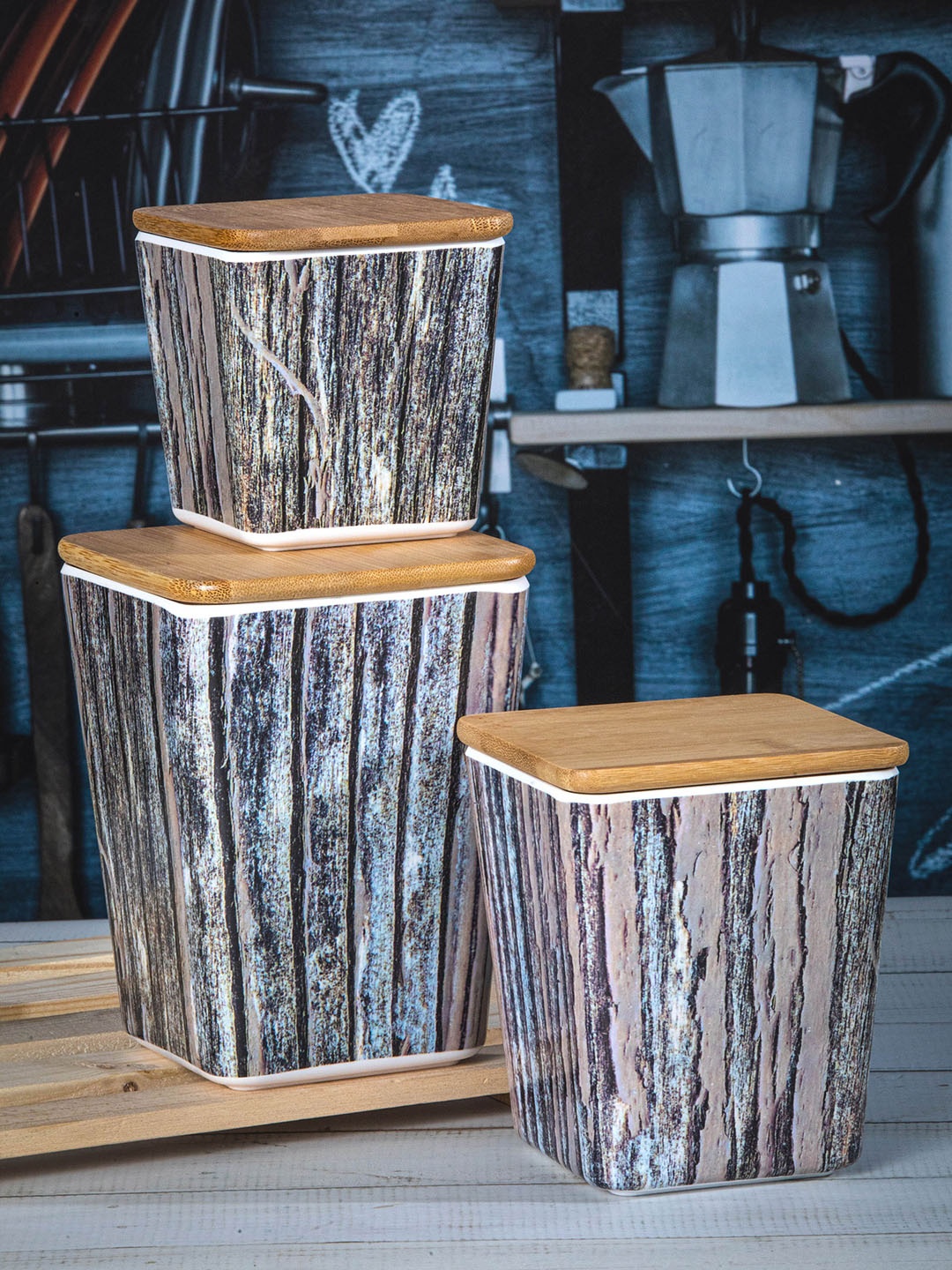 

Stehlen Set Of 3 Printed Storage Canister With Airtight Wooden Lid, Blue