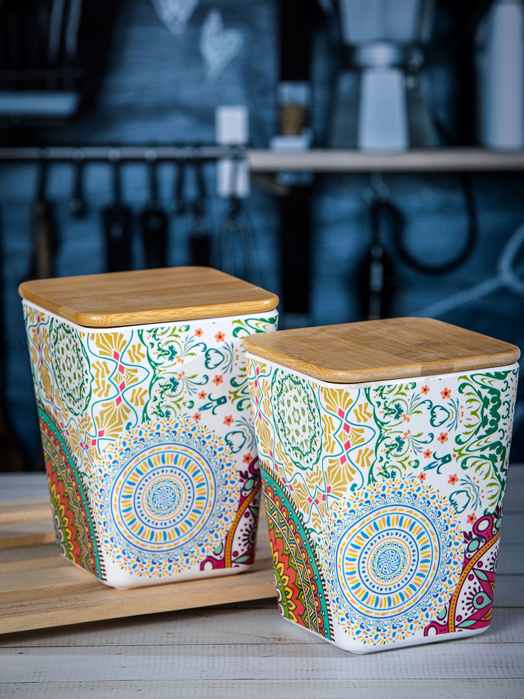 

Stehlen Set Of 2 Multi-Colored Canister With Wooden Lid