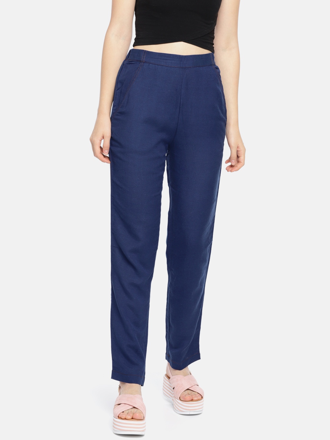 

Global Desi Women Navy Solid Trousers, Navy blue