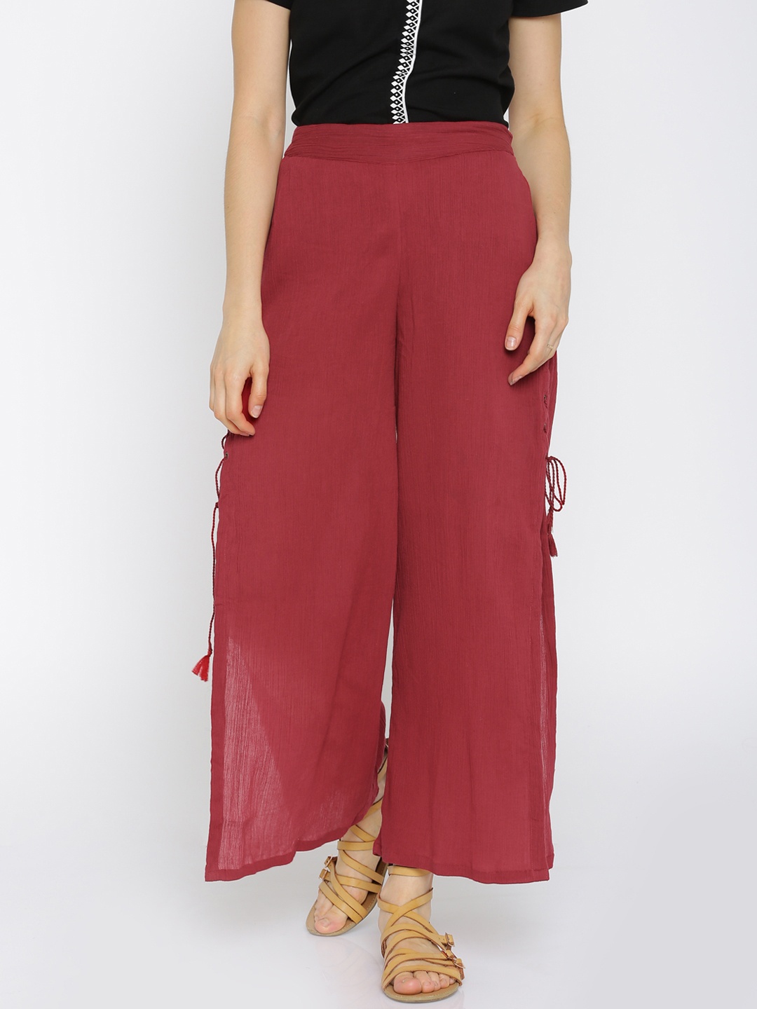 

Global Desi Women Red Solid Parallel Trousers