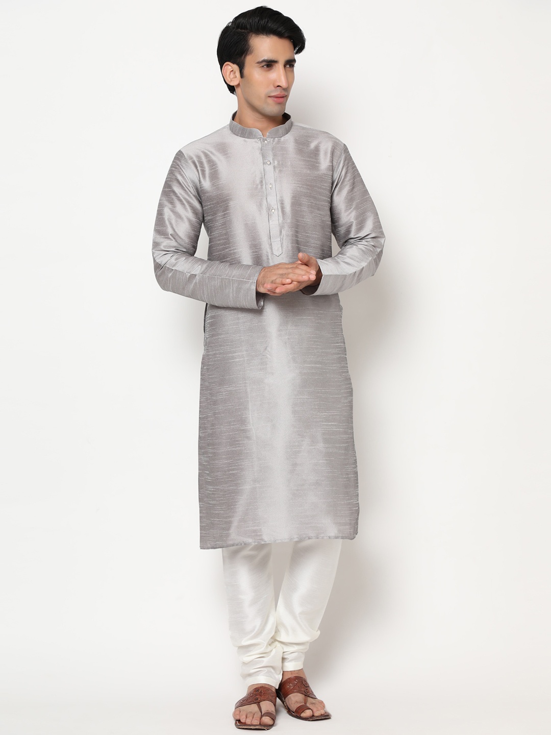 

Tasarika Men Grey Dupion Silk Kurta with Pyjamas
