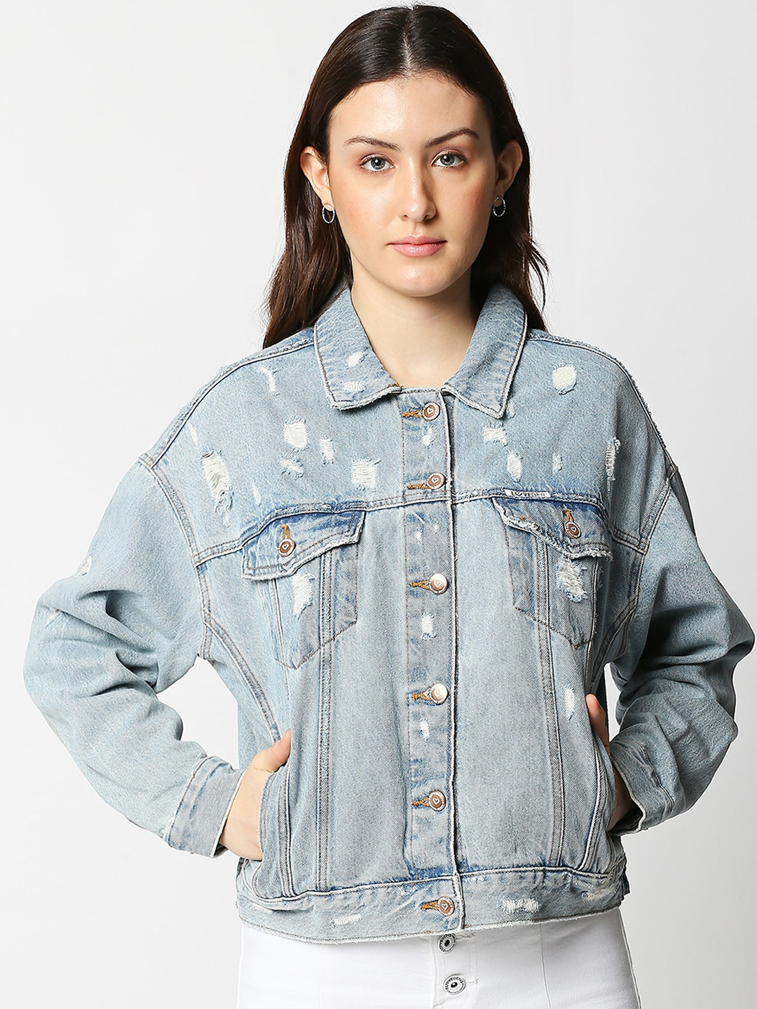 

LOVEGEN Women Blue Washed Crop Denim Jacket with Embroidered