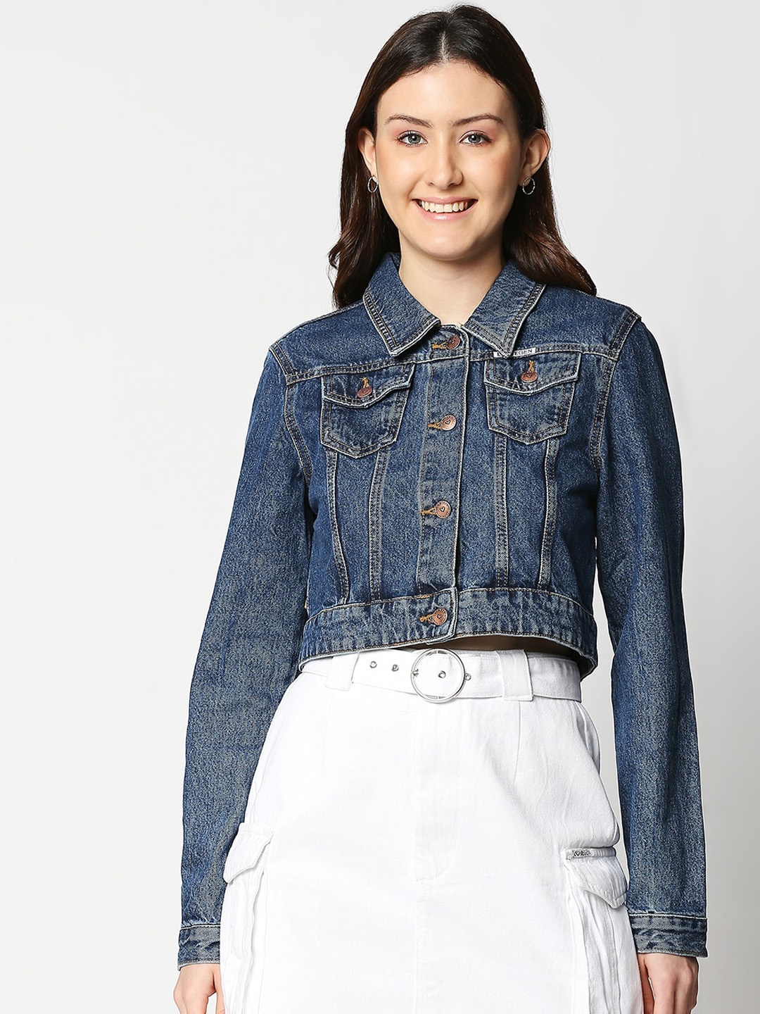 

LOVEGEN Women Blue Crop Denim Jacket with Embroidered