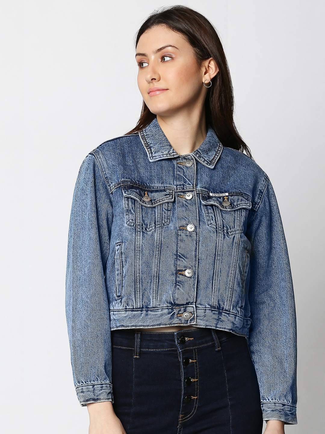 

LOVEGEN Women Blue Washed Crop Denim Jacket with Embroidered