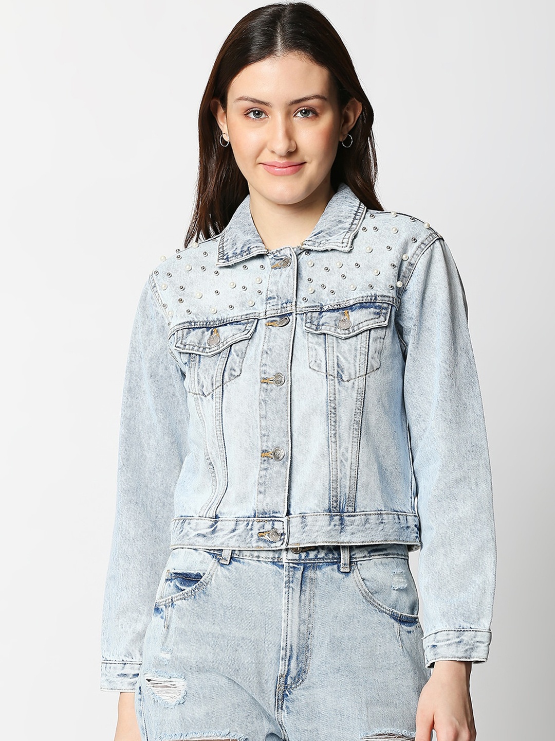 

LOVEGEN Women Blue Washed Denim Jacket