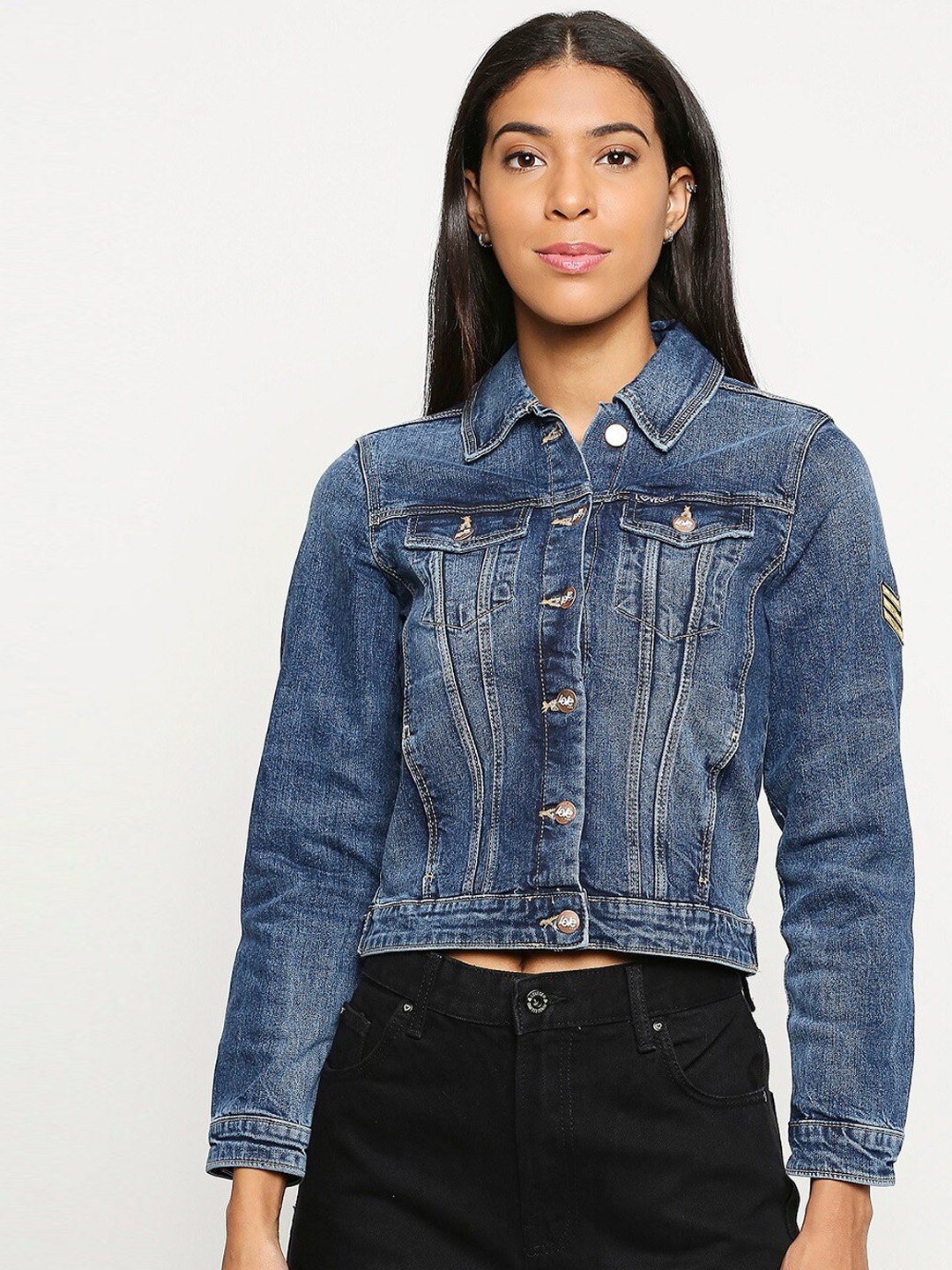 

LOVEGEN Women Blue Washed Checked Crop Denim Jacket with Embroidered