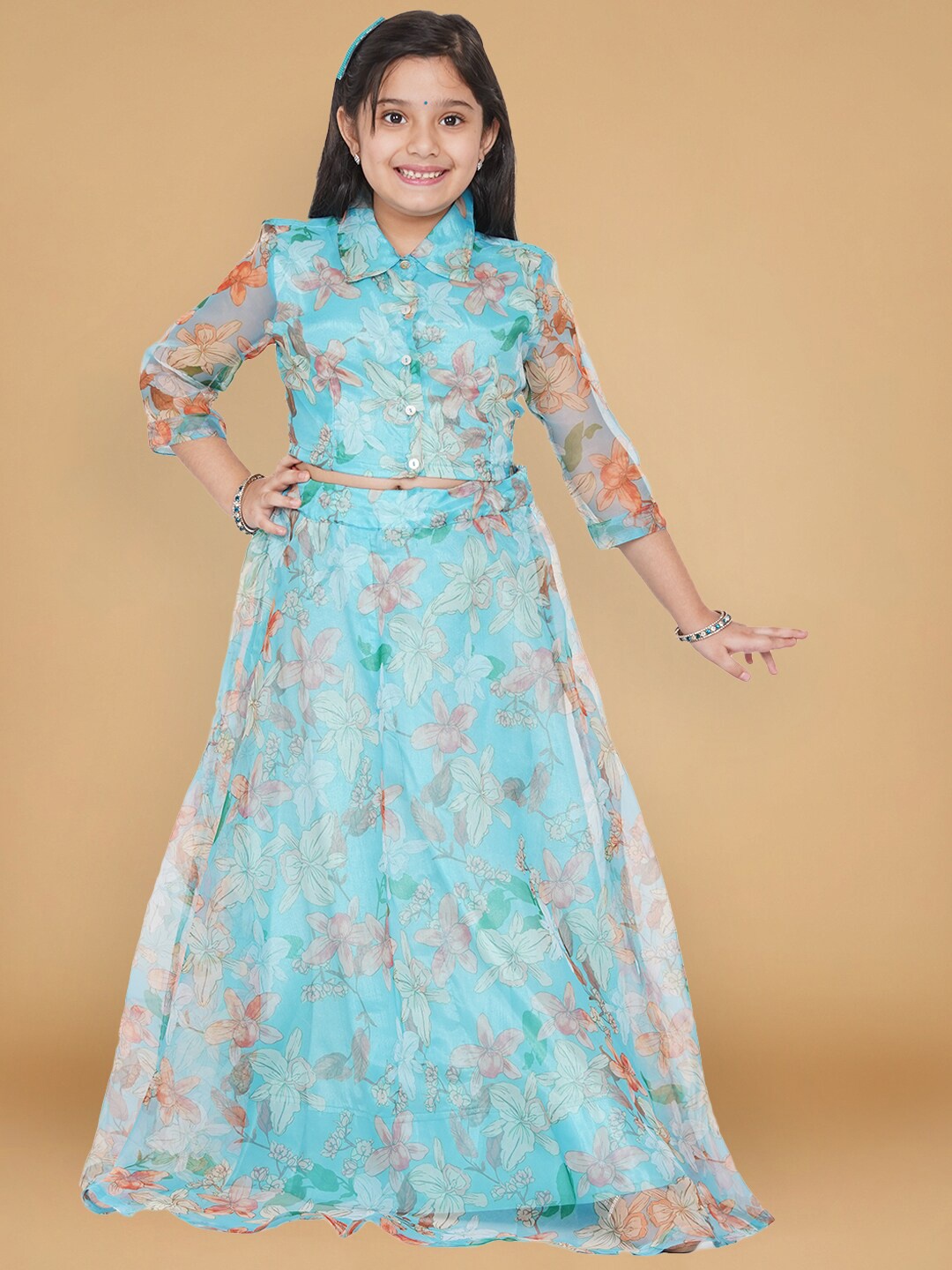 

titliyan Girls Blue & Orange Printed Ready to Wear Lehenga &