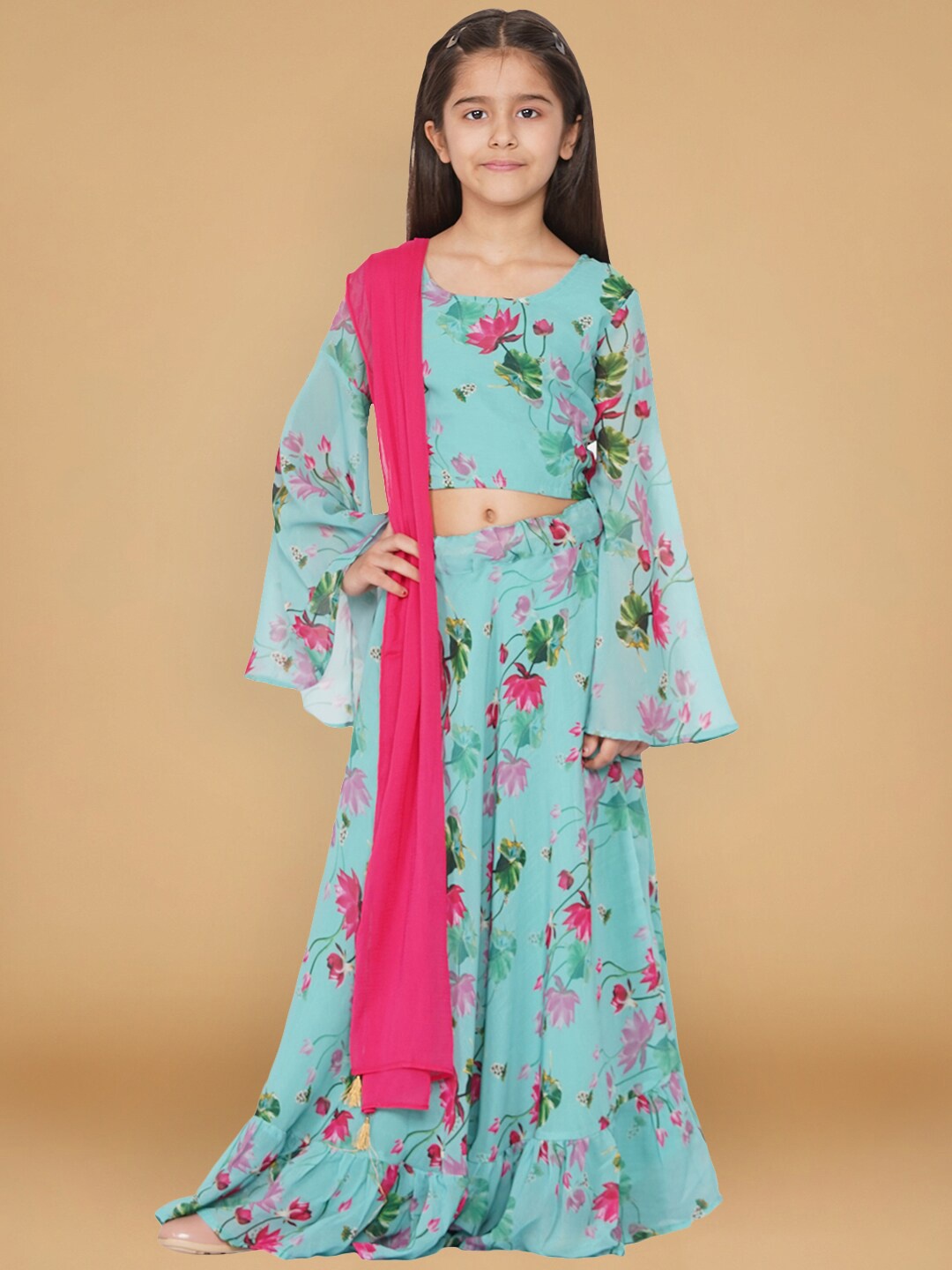

titliyan Girls Blue & Pink Printed Ready to Wear Lehenga & Blouse With Dupatta