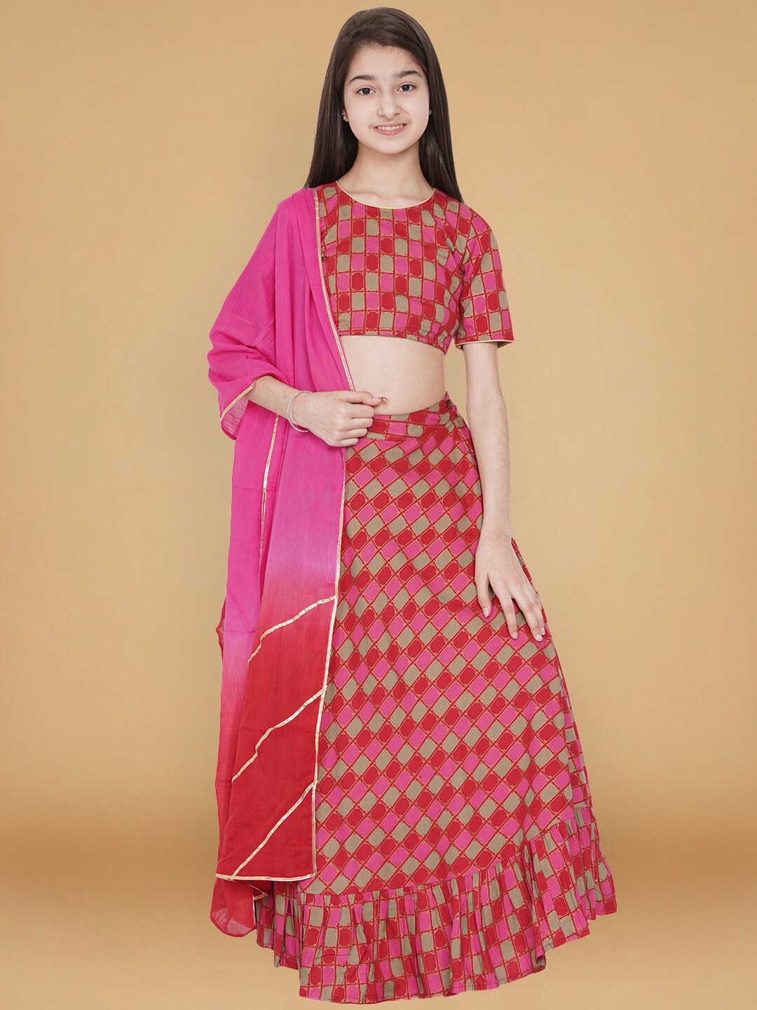 

titliyan Girls Red & Green Printed Ready to Wear Lehenga & Blouse With Dupatta